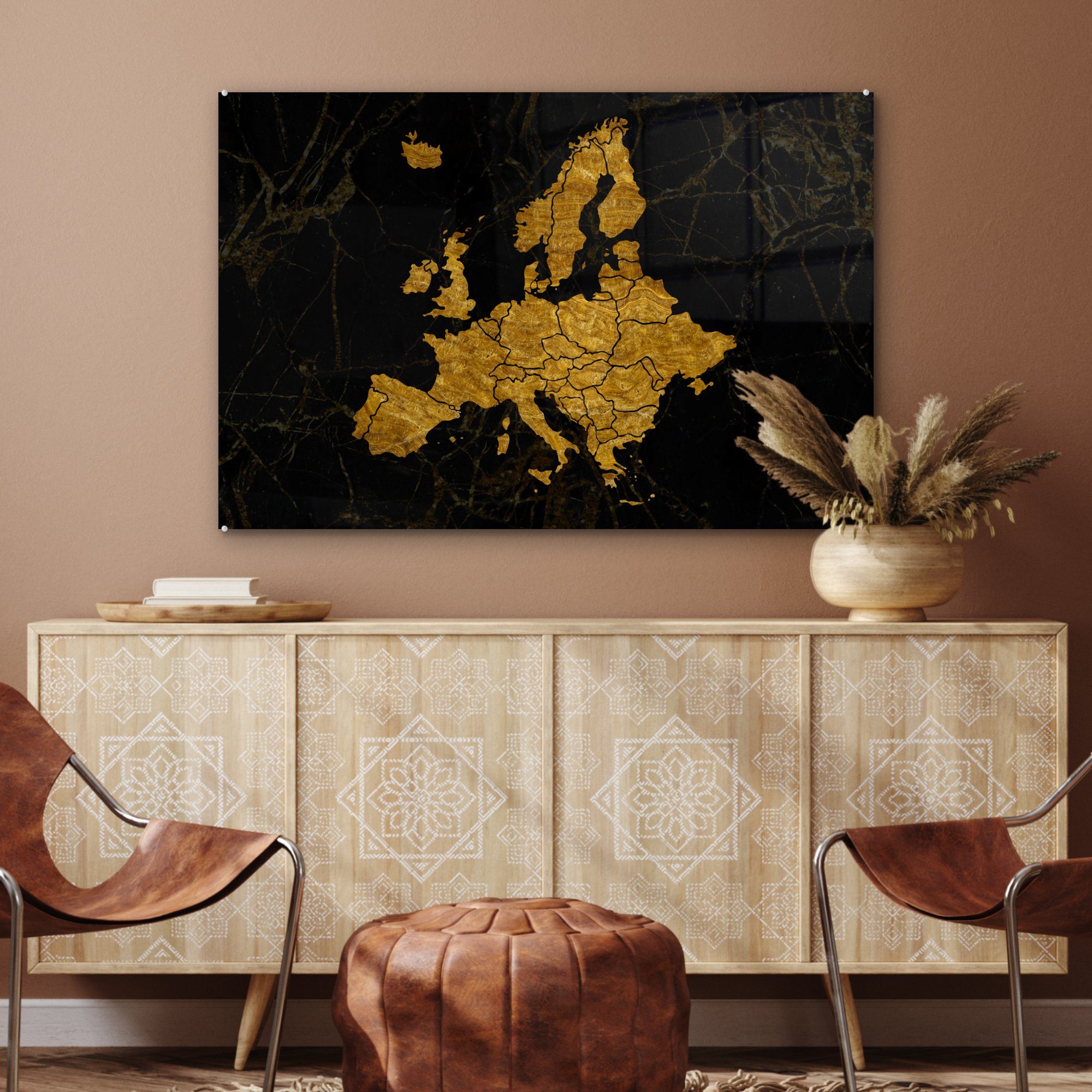 MuchoWow St), (1 Europa von Karte - - Schwarz, Wohnzimmer Schlafzimmer Acrylglasbilder & Acrylglasbild Gold