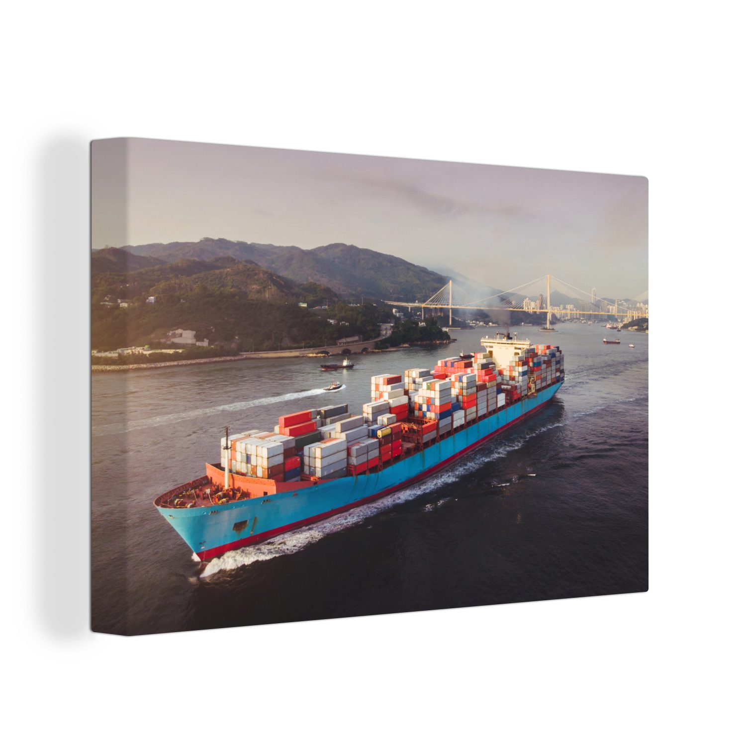 OneMillionCanvasses® Leinwandbild Großes Frachtschiff, das gerade den Hafen verlassen hat, (1 St), Wandbild Leinwandbilder, Aufhängefertig, Wanddeko, 30x20 cm