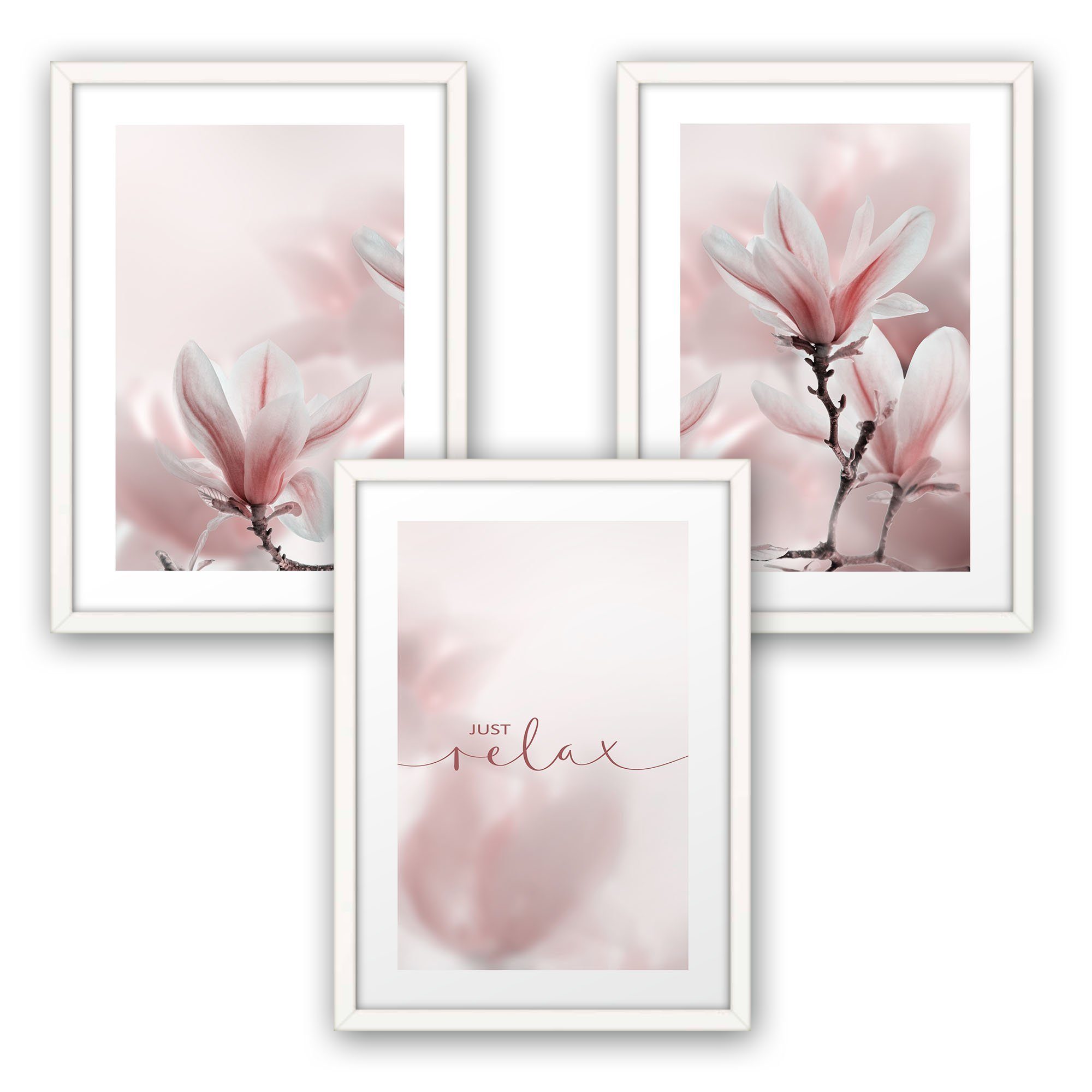 Kreative Feder Poster A3 Set mit Premium DIN 3-teilig Blumen Rahmen optional (Set, A4 Rahmen; St), mit Rahmen, oder wahlweise optional 3 „Magnolie“ weißer DIN
