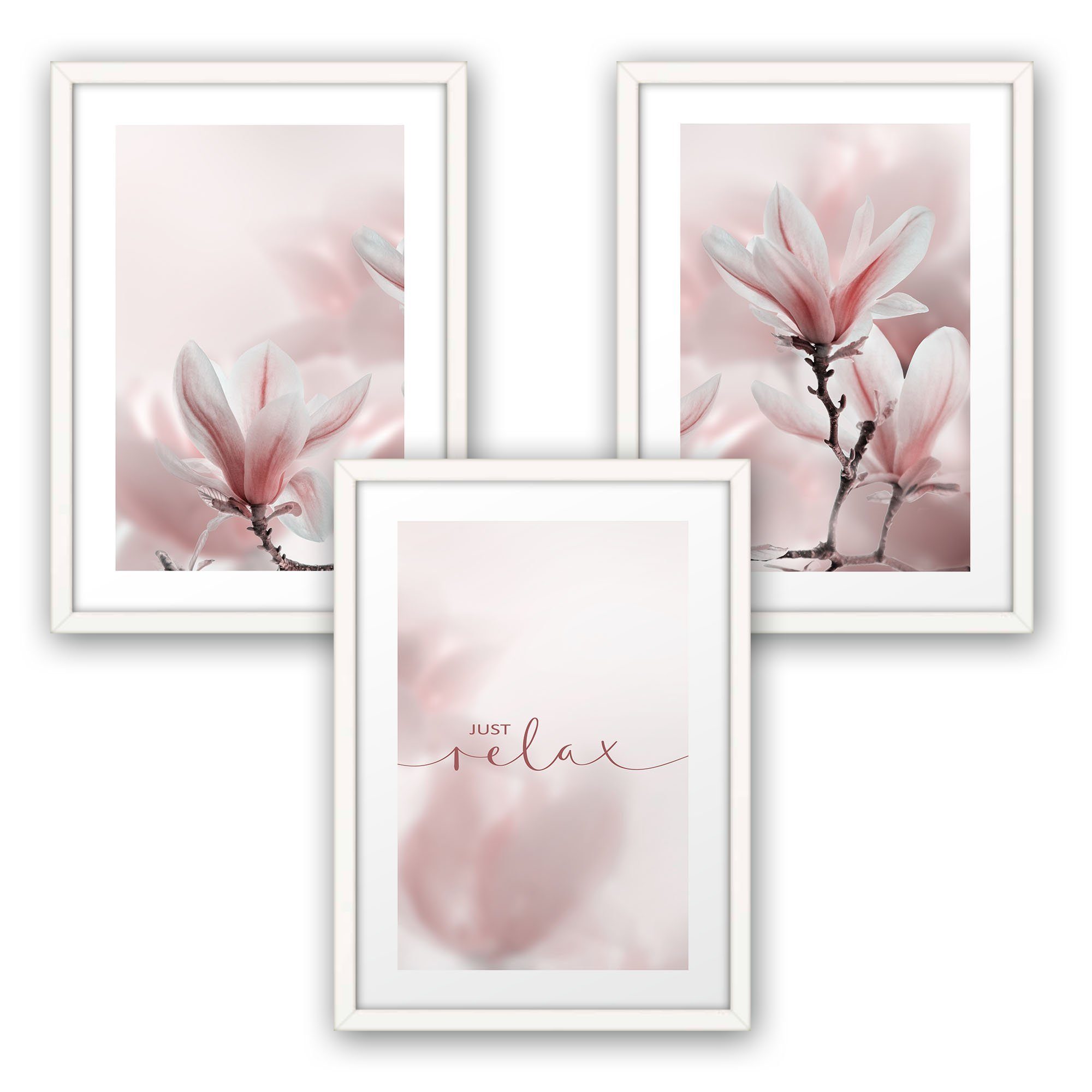 Kreative Feder Poster Premium Set 3-teilig „Magnolie“ optional mit Rahmen, Blumen (Set, 3 St), optional mit Rahmen, wahlweise DIN A4 oder DIN A3