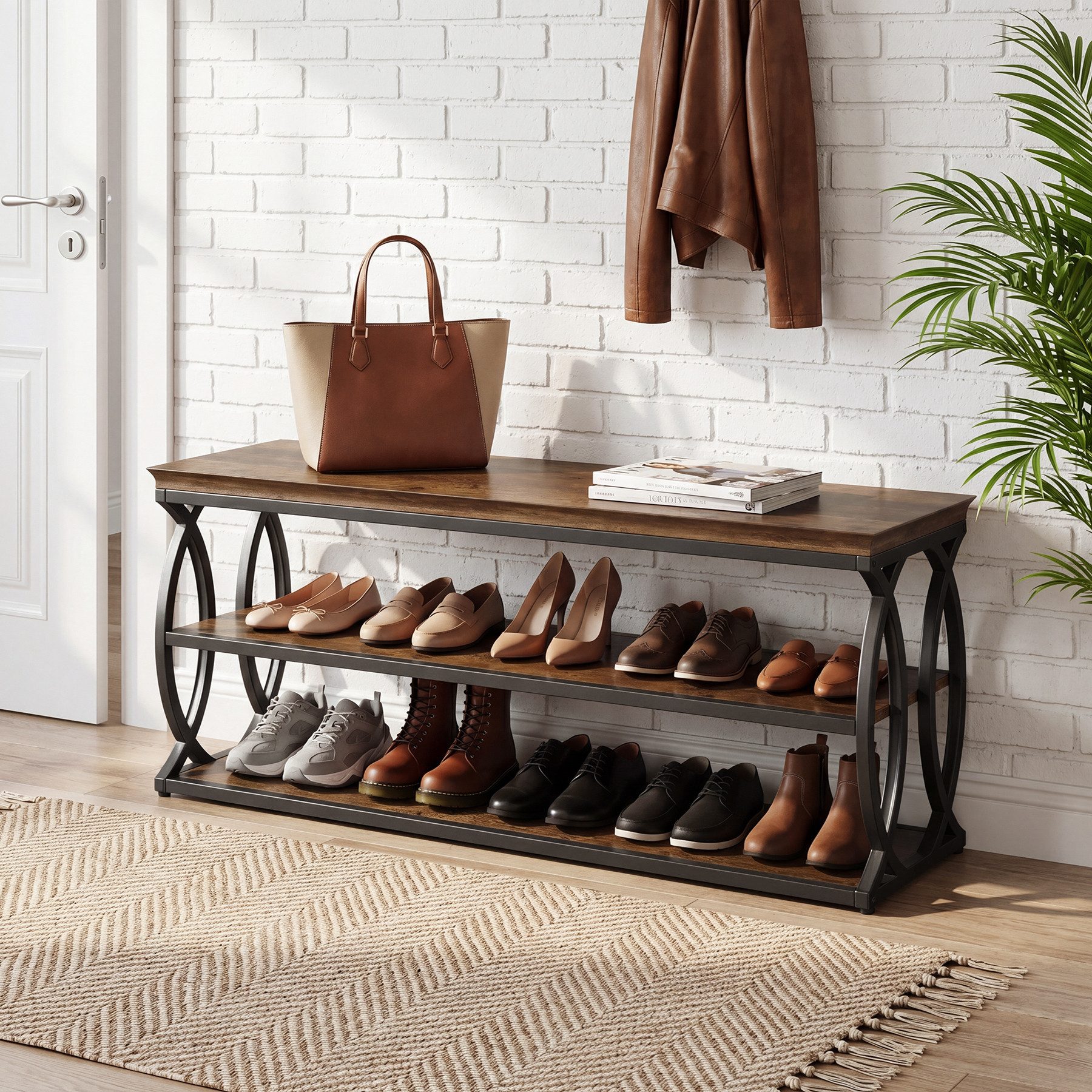 Tribesigns Schuhbank für den Eingangsbereich, 3-stöckiges Schuhregal im Industrial-Stil (Packung, Schuhregal mit Metallgestell für Flur, Wohnzimmer und Ankleidezimmer), rustikaler Schuhschrank aus Holz mit Ablage