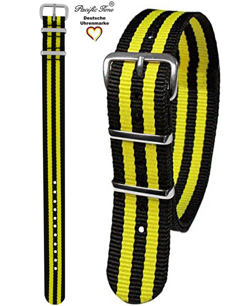 Pacific Time Uhrenarmband Wechselarmband Textil Nylon 16mm, Gratis Versand schwarz gelb