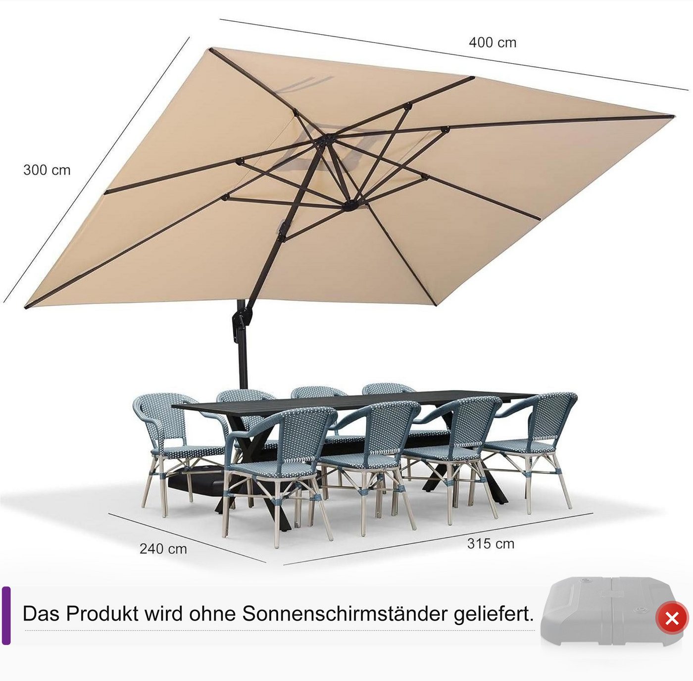 Thumbnail - PURPLE LEAF Ampelschirm Rechteckiger Alu Balkonschirm, Groß Sonnenschirm, LxB: 400,00x300,00 cm, für Gartenterrasse, Poo...