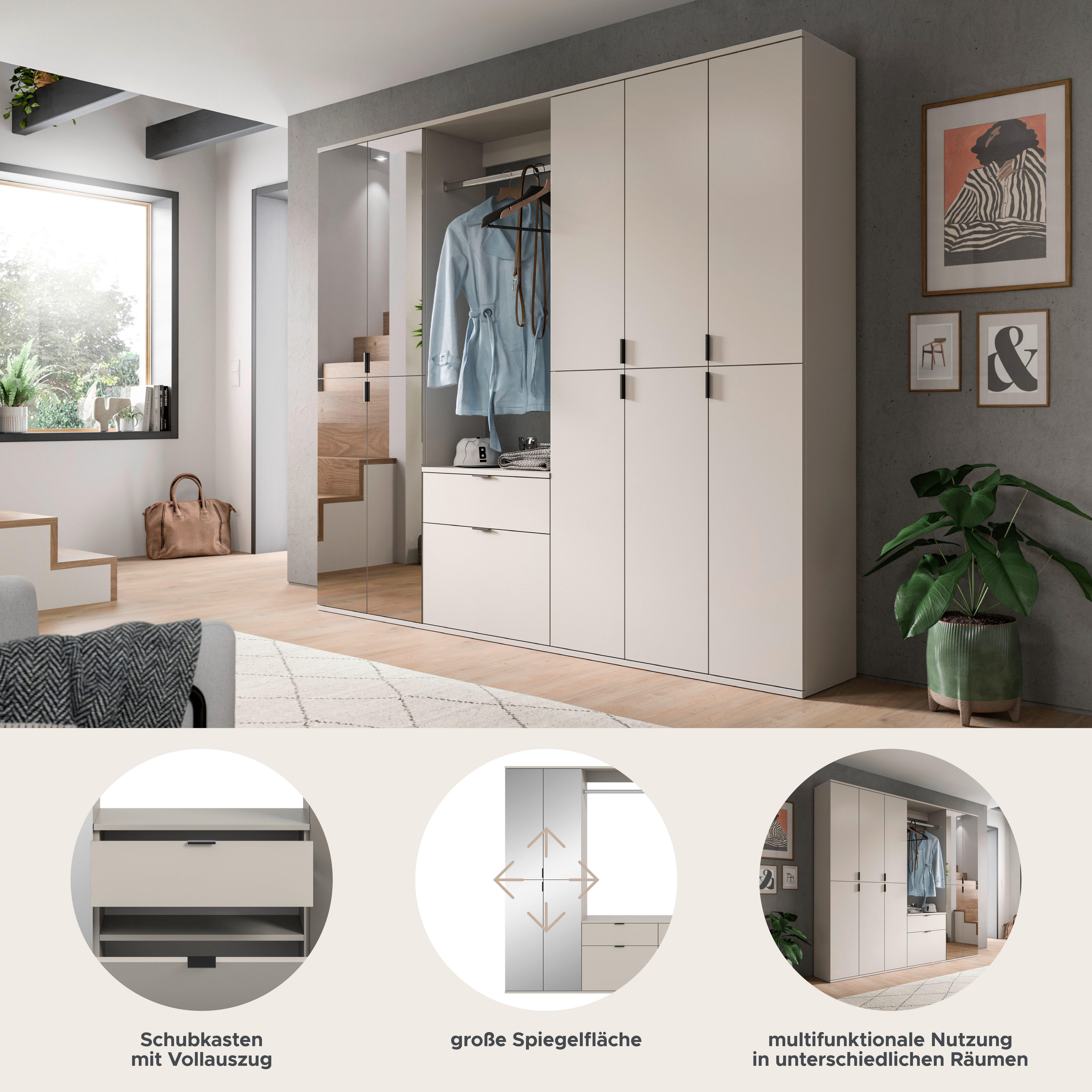 Home affaire Garderoben-Set TRONDHEIM, 6-teilig, Breite 213cm, individuell platzier- & erweiterbar, (Set, 5-St., bestehend aus: 3x Garderobenschrank & 3-tlgs. Zwischenbauelement), Garderobenschrank, Kleiderschrank, Schrankkombination, Garderobe