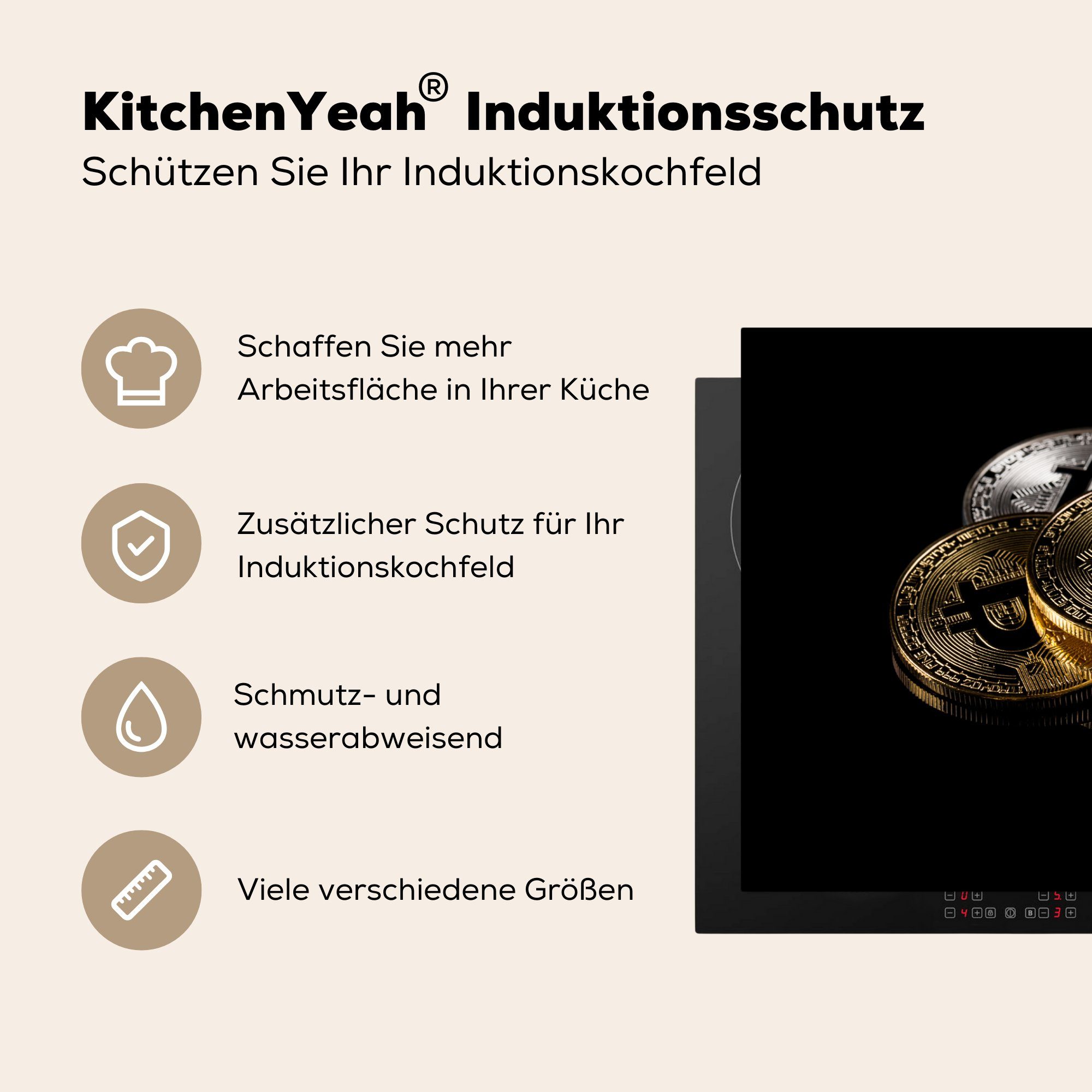 MuchoWow Herdblende-/Abdeckplatte küche, die (1 Induktionskochfeld Bitcoin-Münze, Ceranfeldabdeckung für 81x52 Version Vinyl, cm, Physische tlg), Schutz