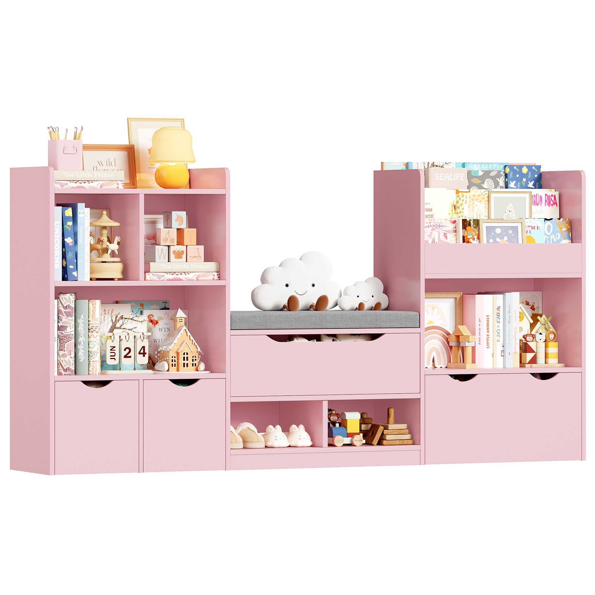 Homfa Sitzbank Kinderregal mit 3 Schubladen auf Räder 183x94x29,8 cm, Spielzeugregal mit 7 offenen Fächern Spielzeugtruhe weiß, Bank