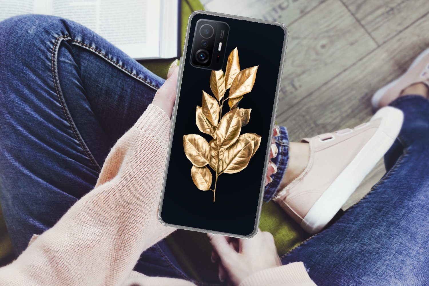 MuchoWow Handyhülle für Xiaomi 11 Lite 5G NE Pflanze - Blätter - Gold - Schwarz - Luxus, Phone Case, Silikon, Schutzhülle Dünn