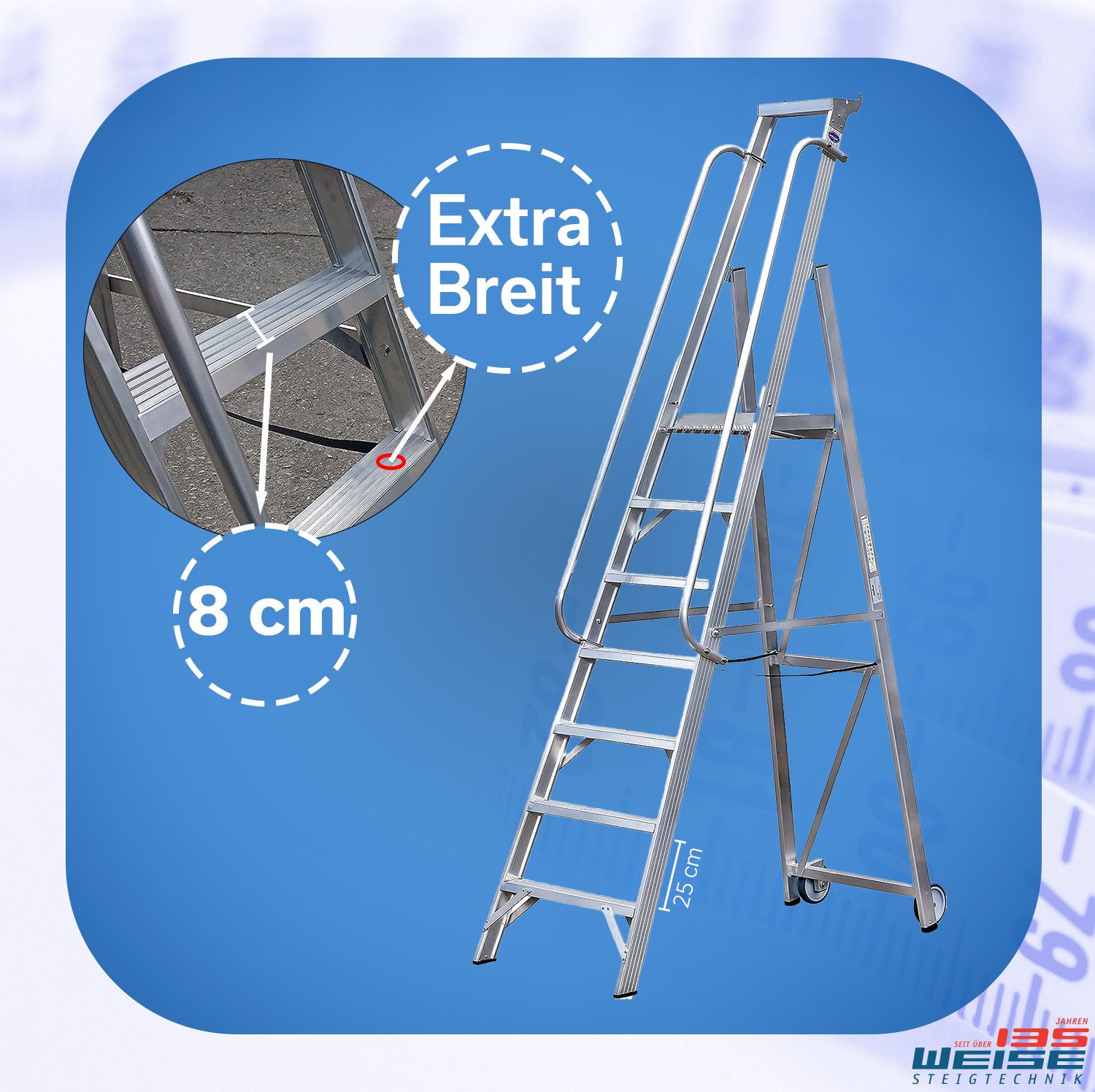 Weise Steigtechnik Arbeitsplattform Leiter mit Rollen, klappbare Sicherheitsleiter (5 Stufen), Rutschfeste Stufen, Spreizsicherung, breite Leiter große Alu-Ablage XL