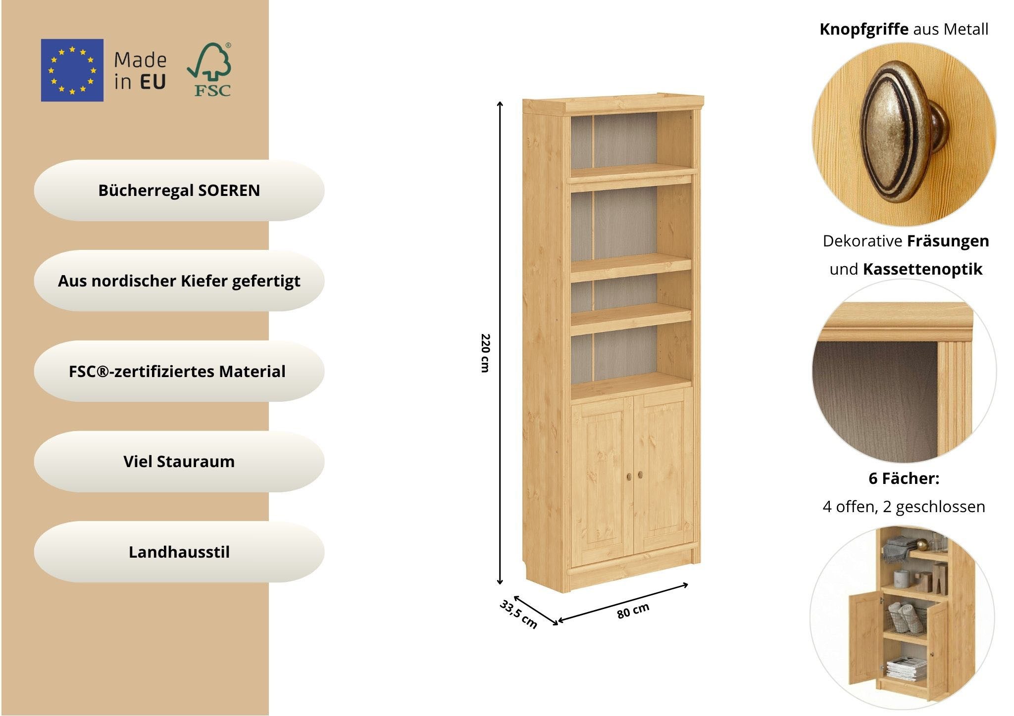 OTTO home Bücherregal Soeren, aus massiver Kiefer, FSC®-zertifiziert, Tiefe 33,5 cm