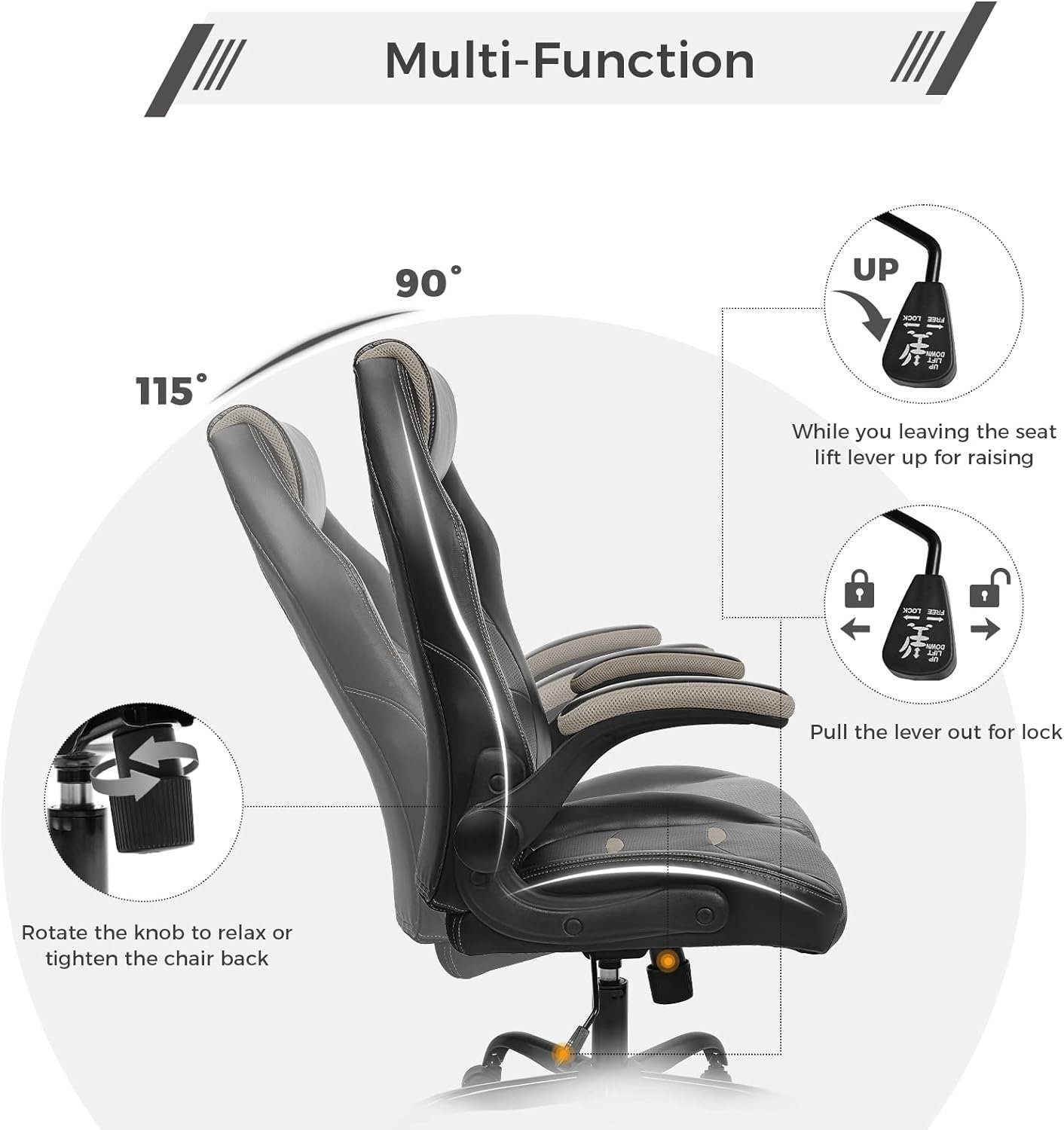 mit armlehnen, sitzfläche, Bürostuhl Gaming-Stuhl hochklappbarer 150KG hoher Rollen), Drehstuhl und BASETBL ergonomisch, bis (PC Stuhl mit breite Rückenlehne klappbaren Chefsessel, Atmungsaktiv