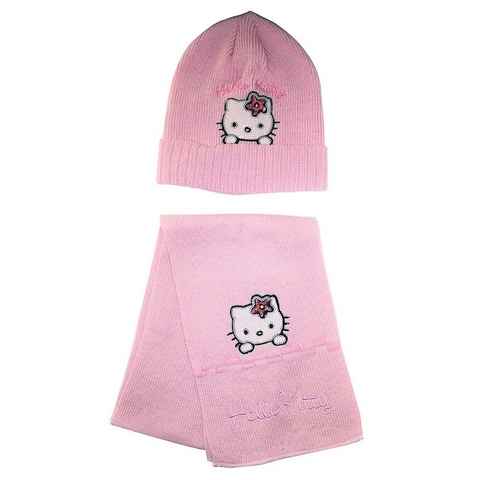 Strickmütze Hello Kitty Winter-Set mit Mütze und Schal für Mäd (Hello Kitty Winter-Set mit Mütze und Schal für Mädchen Rosa 52)