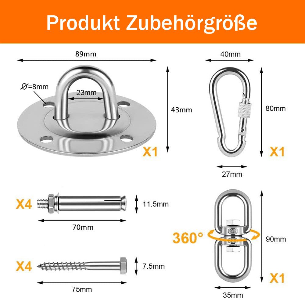 TUWENA Deckenhaken Edelstahl Deckenhaken bis 500kg, Schwerlast Deckenhaken Aufhängung, Für Hängematte, Yogatuch, Sonnensegel, Nestschaukel, Sitzschaukel