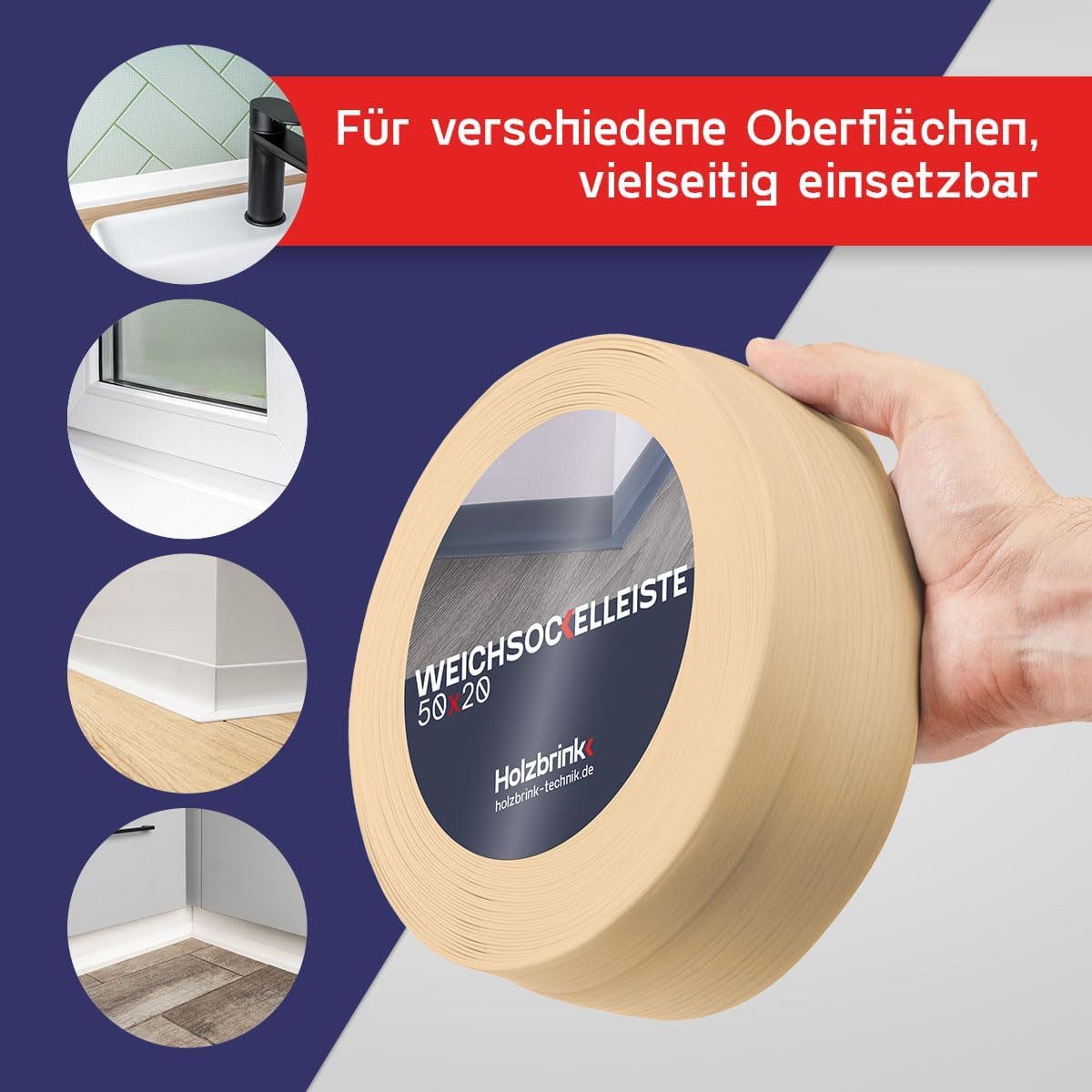 HOLZBRINK Sockelleiste HOLZBRINK selbstklebend PVC 50x20mm, 1 m, L: 100 cm, 1m Rolle, Küchenleiste Abschlussleiste für Badezimmer Farbe: Kiefer – Bild 4 von 5