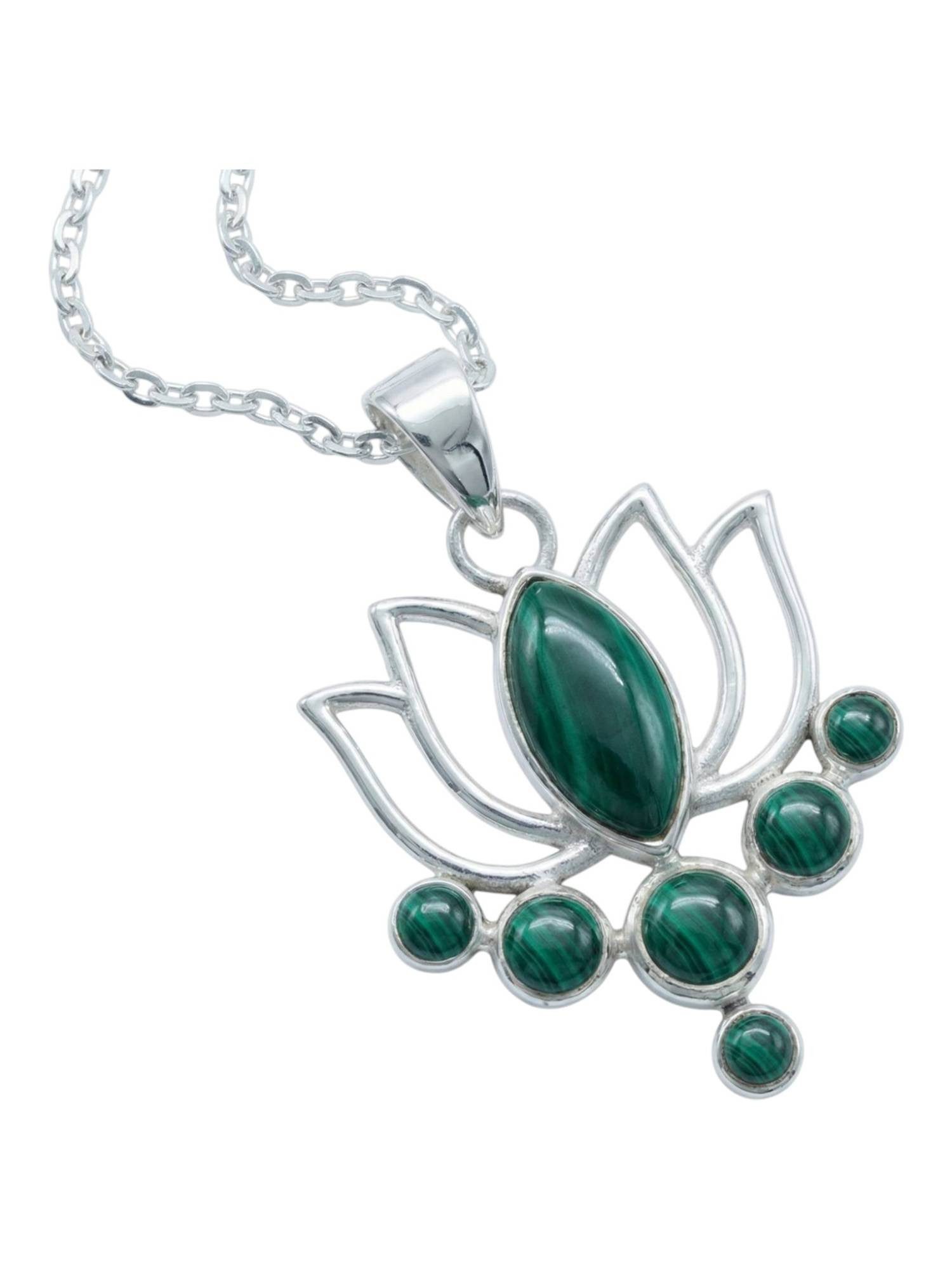 Kette mit Anhänger LOTUS aus 925 Silber mit Malachit