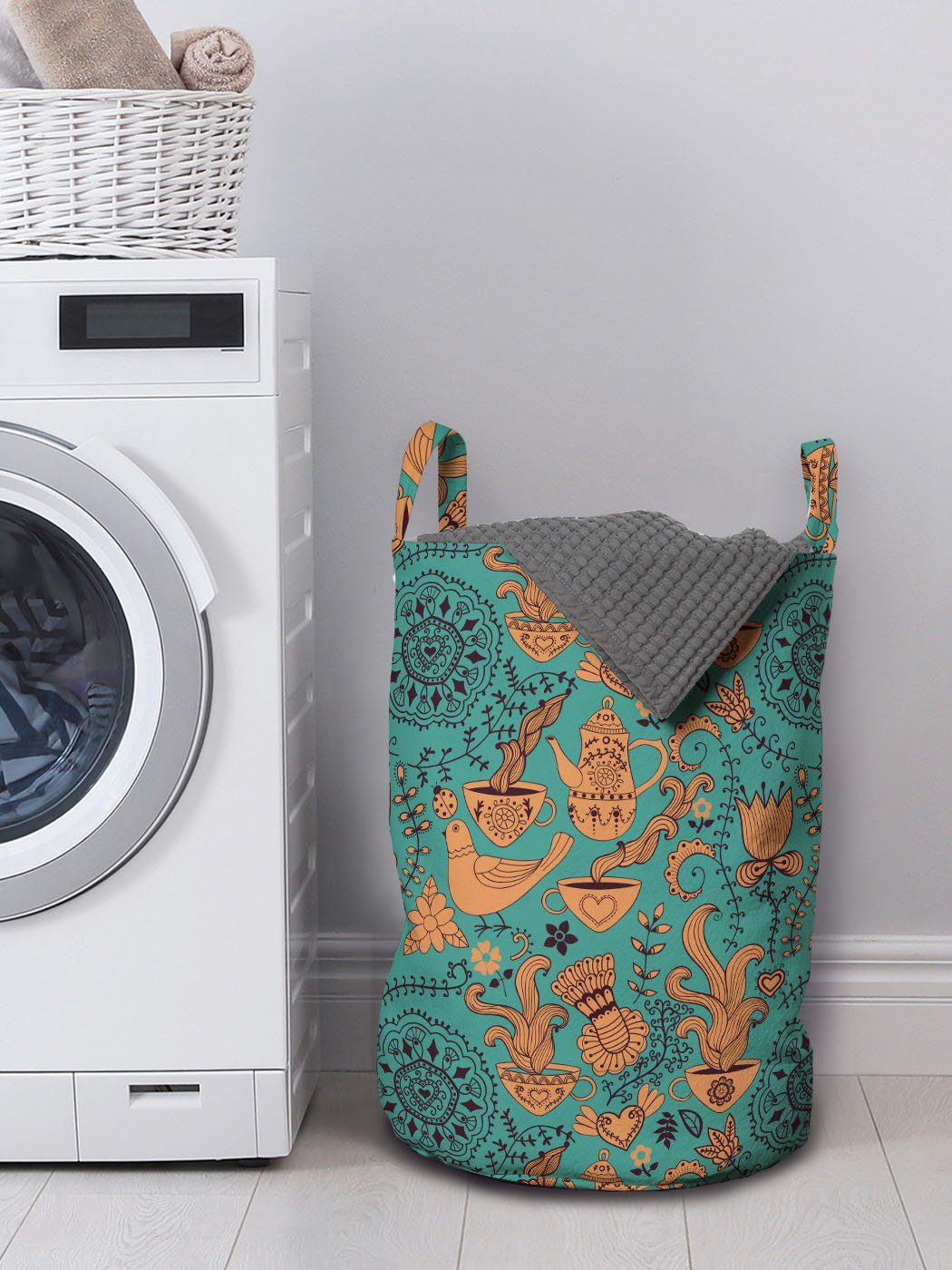 Jahrgang Wäschekorb Waschsalons, mit für Scroll-Grafik Kordelzugverschluss Abakuhaus Wäschesäckchen Griffen Natur