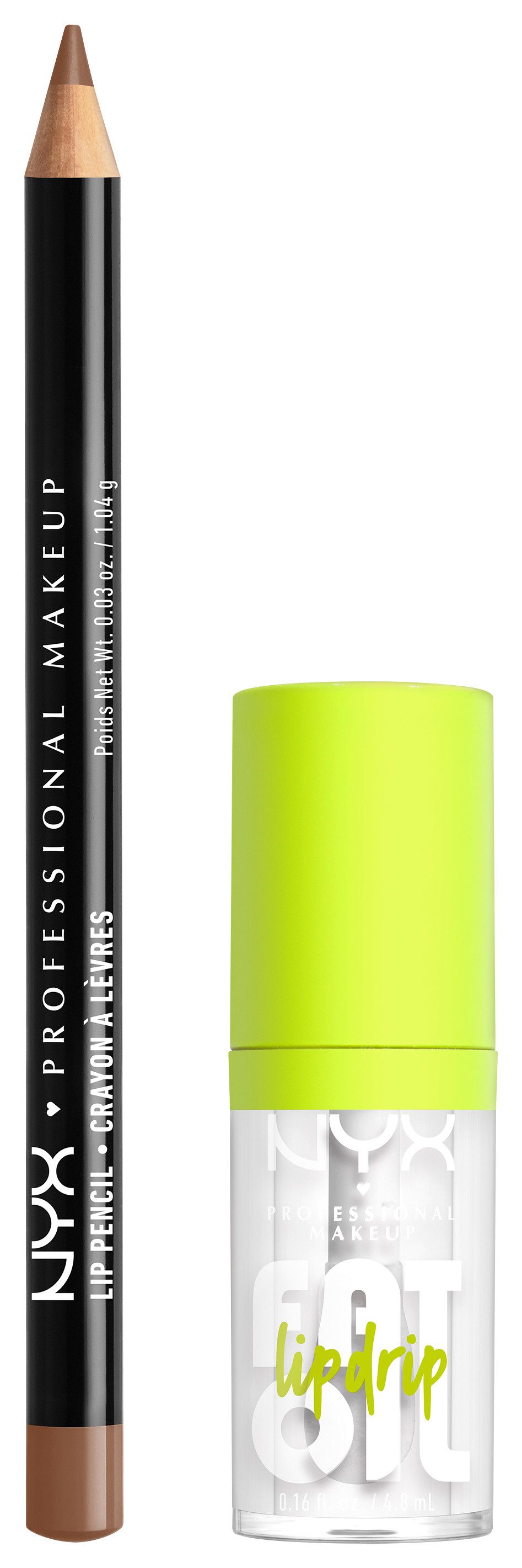 NYX Schmink-Set NYX Professional Makeup Slim Lip Pencil + Fat Oil Lip Drip, Butterweicher Карандаши для губ, glänzender Блеск для губ, langanhaltenden Glanz.