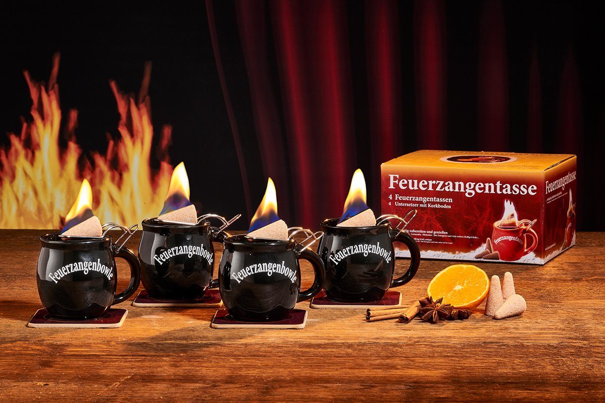 Feuerzangentasse Bowle-Set Щипцы для огняtasse 4er-Set (Feuerzangenbowle Set, 9-tlg., 4x Щипцы для огняtasse, 4x Korkuntersetzer, 1x Rezeptheftchen), hitzebeständige Keramik, Edelstahl-Feuerzange