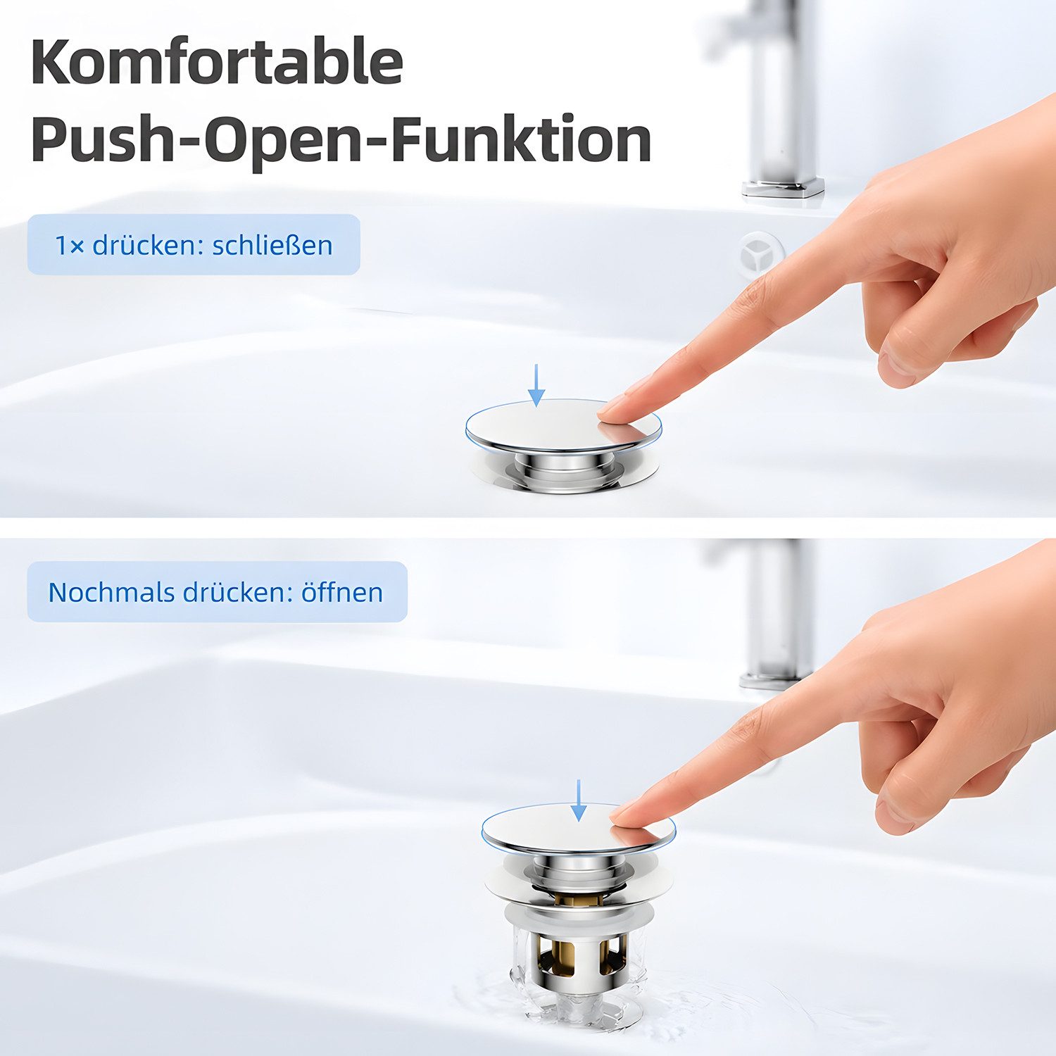 HEYHIPPO Waschbeckenstöpsel Pop-up Ablaufventil – Messing, mit Haarsieb, für Waschbecken, chrom, (Kappendurchmesser 62mm Gesamthöhe 70,4mm, mit 4 Silikondichtun – Bild 5 von 5