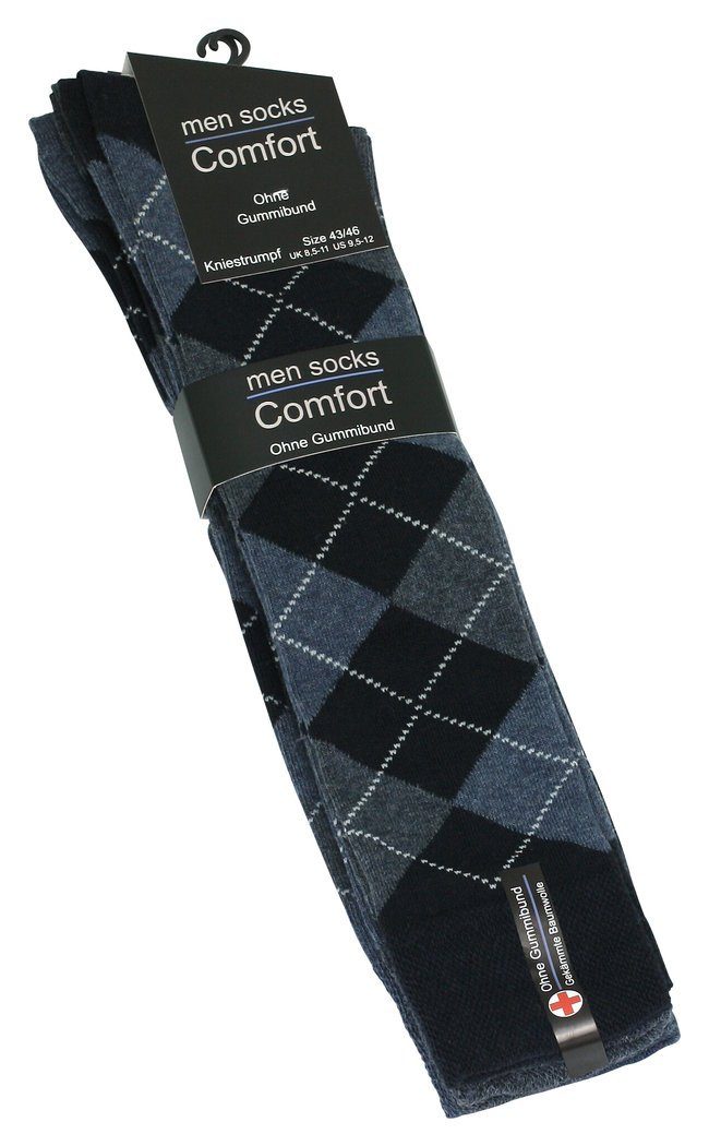 Cotton Prime® Kniestrümpfe 3 Paar, in Karos Baumwollqualität (3-Paar) blau mit angenehmer