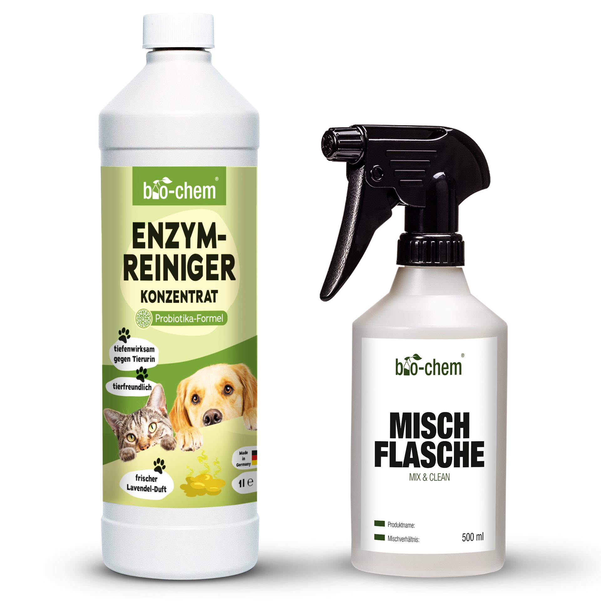 bio-chem Geruchsentferner Enzymreiniger 1 L Geruchsentferner gegen Urin, Katzen & Hundeurin (Sparpaket, Enzymreiniger Konzentrat 1 L + 0.5 l Handspray-Mischflasche), Probiotisch & tiefenwirksam gegen Tiergeruch
