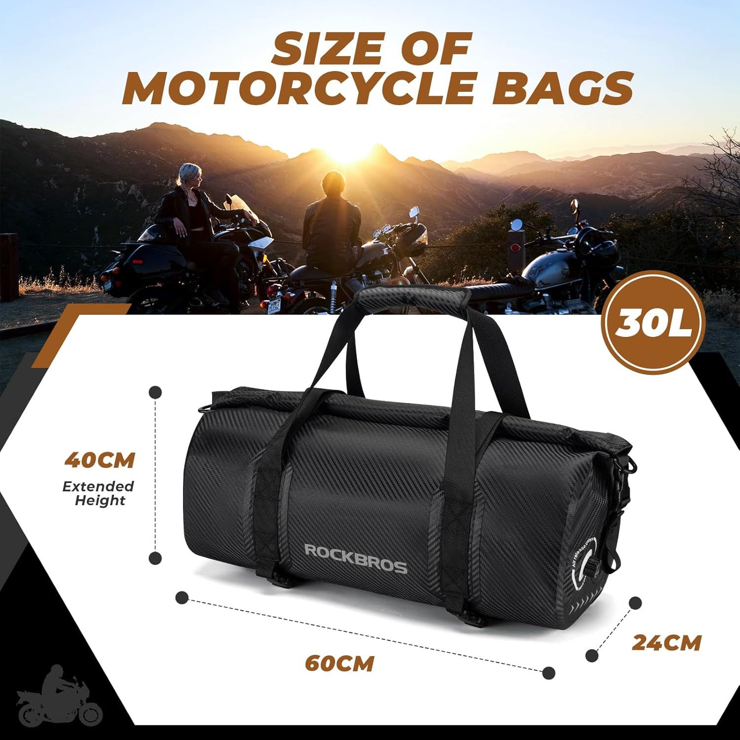 ROCKBROS Reisetasche Wasserdichte Motorrad-Hecktasche 20L-60L für Outdoor und Reisen