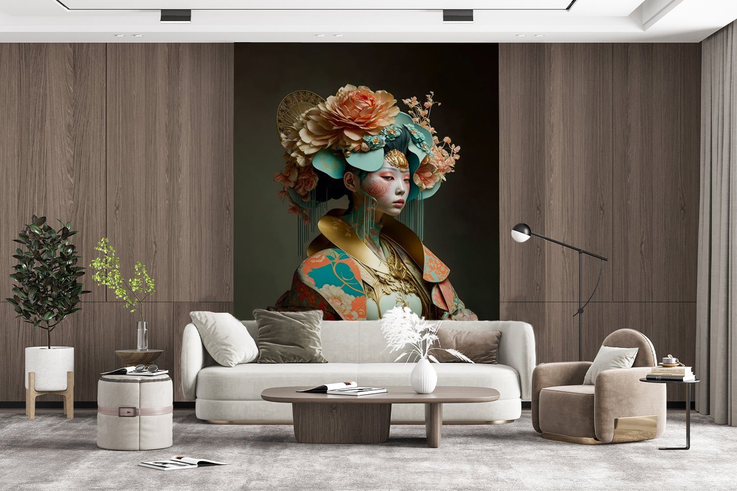 - - bedruckt, Wandtapete Montagefertig Blumen - Asiatisch, Matt, für MuchoWow Frau (4 Porträt Fototapete - Orange Tapete Wohnzimmer, Vinyl St),