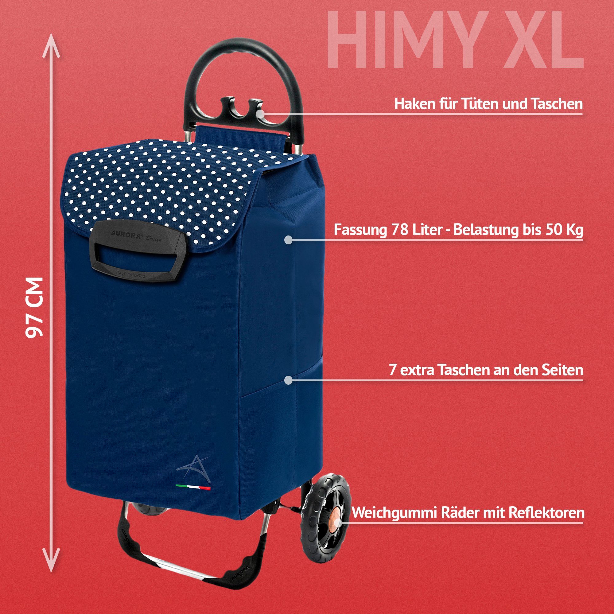 XL Fassung linovum HIMY mit blau Einkaufstrolley 78l gepunktet & Seitentaschen Einkaufstrolley