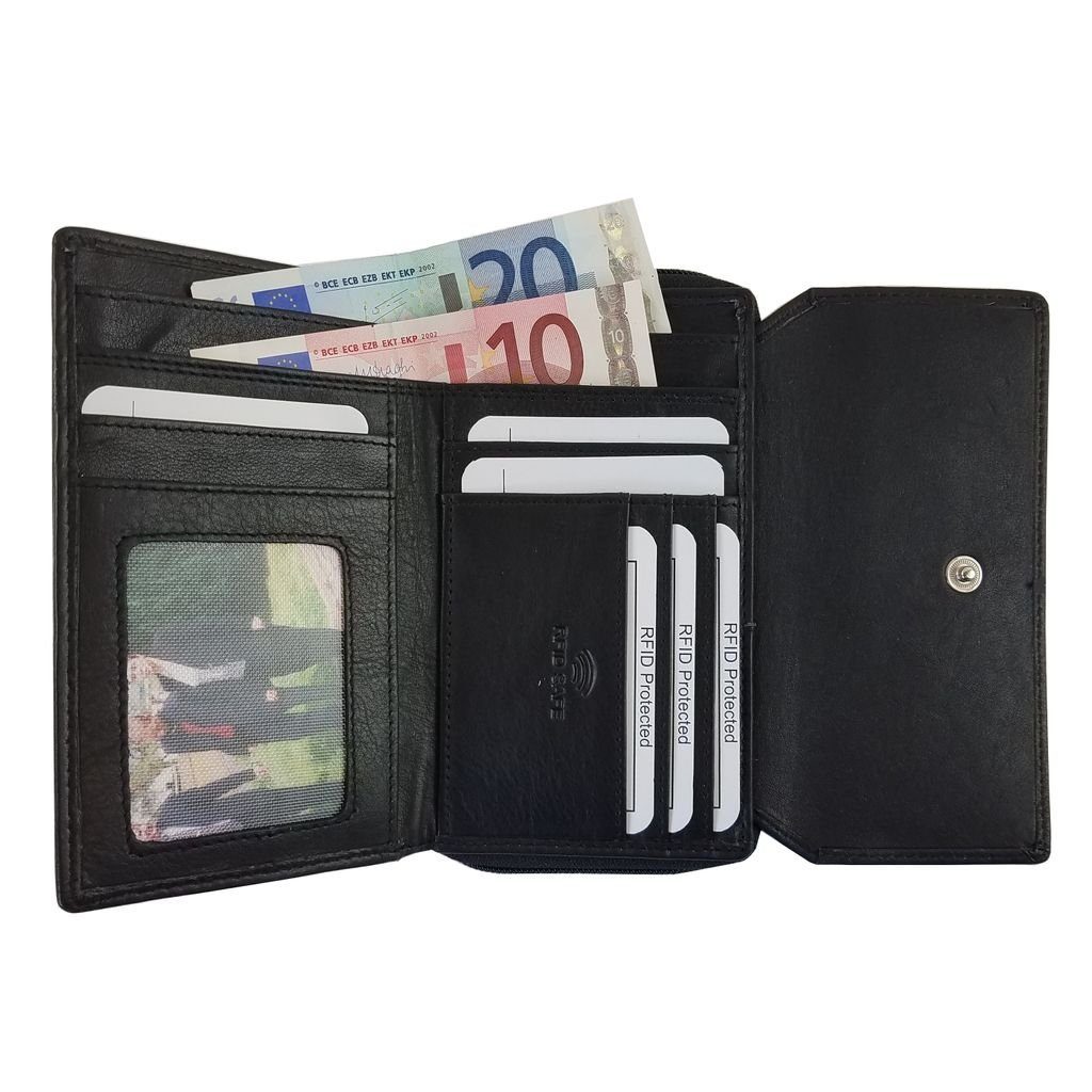 Geldbörse schwarz Damen HGL HGL Geldbörse Kartenfächer Leder 19801 Bildfach Reißverschluss