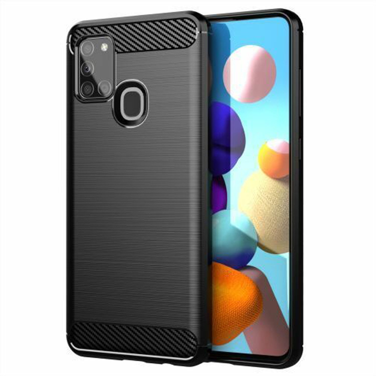 betterfon Handyhülle Carbon Hülle für Samsung Galaxy A21s Backcover TPU Silikon Schwarz, Carbon-Look – stoßfestes Case mit Air-Cushion & Metall-Optik