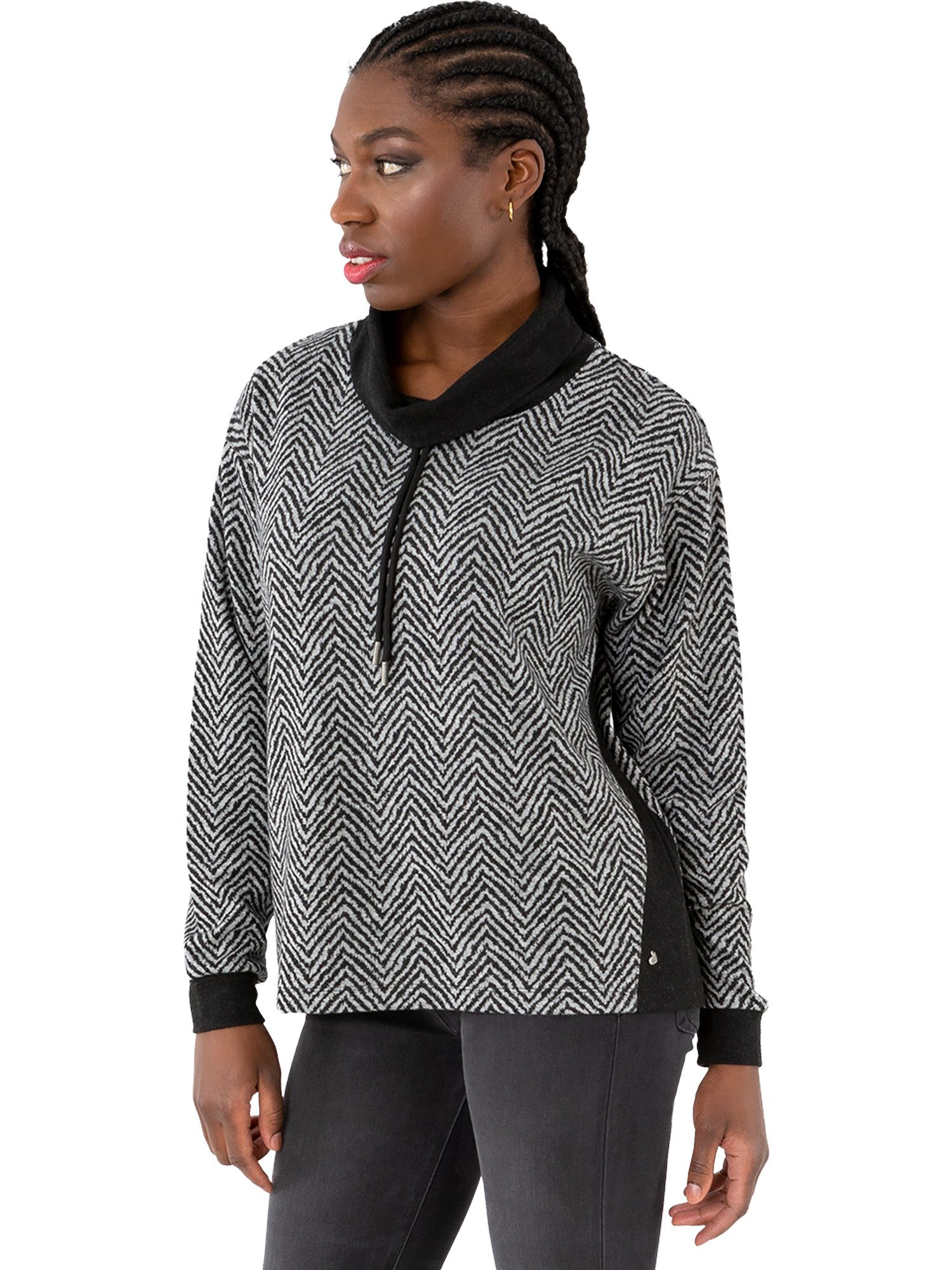 Gio Milano Schalkragenpullover G31-7606, in Fischgrat und mit Tunnelzug Keileinsätze am Saum