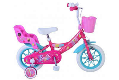 Volare Kinderfahrrad Barbie 12 Zoll, Rosa, Grün, (1-tlg), Handbremse, Abnehmbare Seitenräder, Korb vorne, Puppensitz hinten