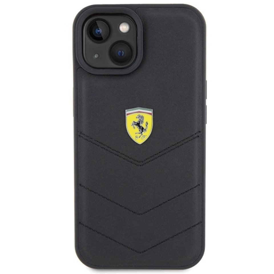 Ferrari Handyhülle Case iPhone 15 Echtleder schwarz Logo Metall 6,1 Zoll, Kantenschutz