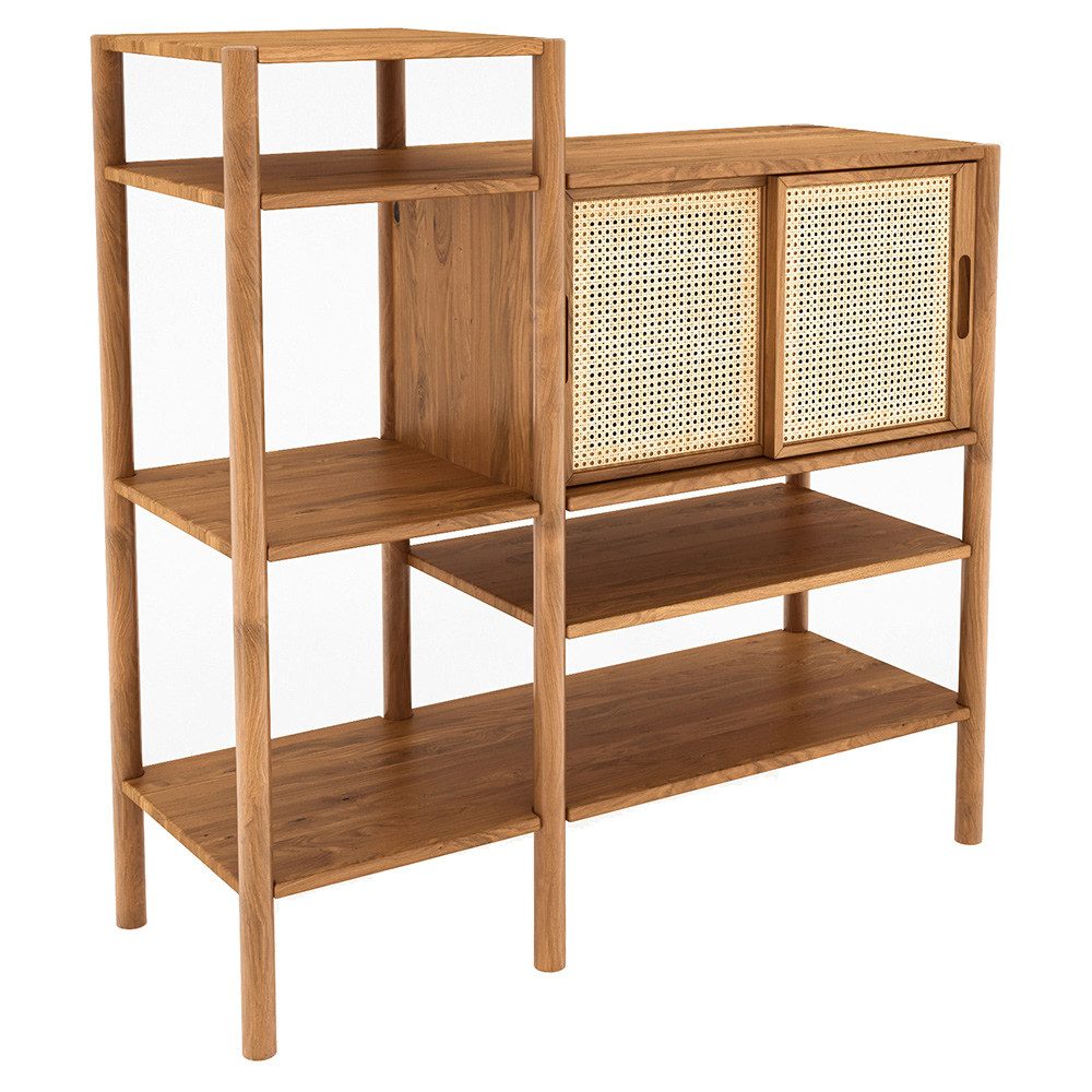 Lomadox Regal PORI-165, Regalschrank, Eiche massiv geölt, Rattangeflecht, montierte Lieferung