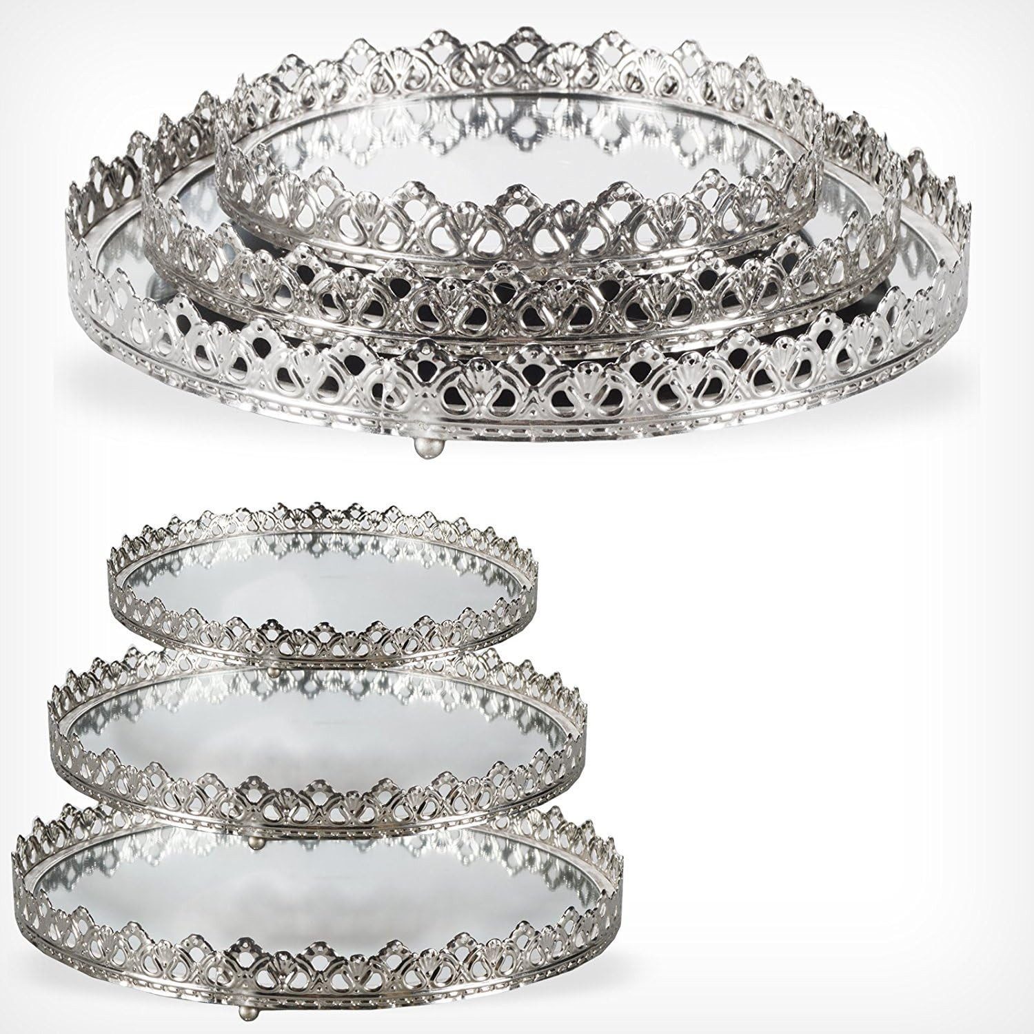 Riyashop Haushaltshobel 3tlg. Set Spiegeltablett Deko Kerzen Ø 20/26/29 cm Metall Silber