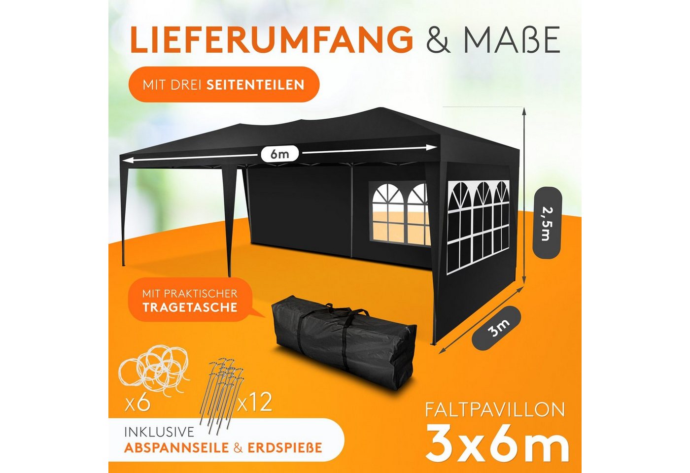 Thumbnail - Kronenburg Partyzelt 3x6m wasserdicht - Gartenpavillon, Faltpavillon stabil, UV-Schutz 50+, mit 3 Seitenteilen