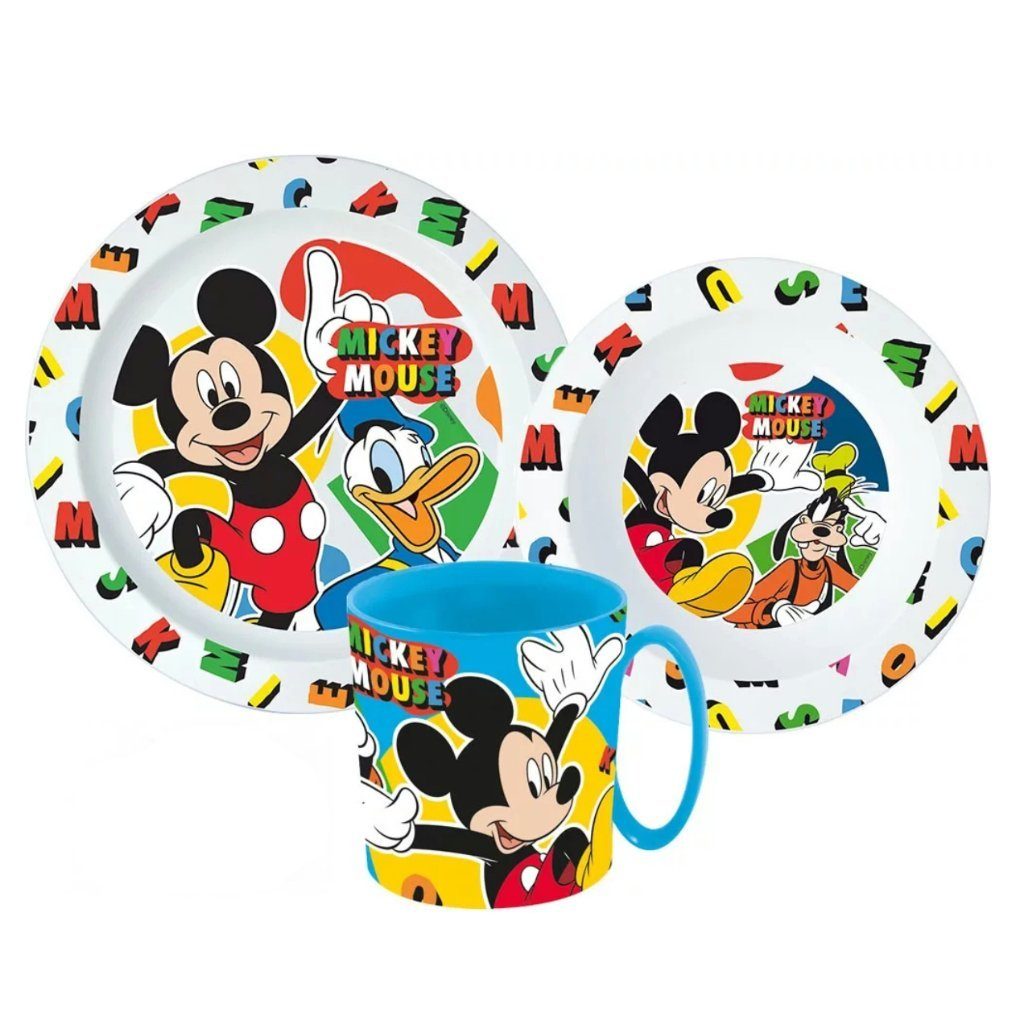 Disney Mickey Mouse Kindergeschirr-Set Mickey Maus Donald Goofy Kinder Geschirr-Set 3 teilig (3-tlg), 1 Personen, Kuststoff, Becher Teller Schüssel