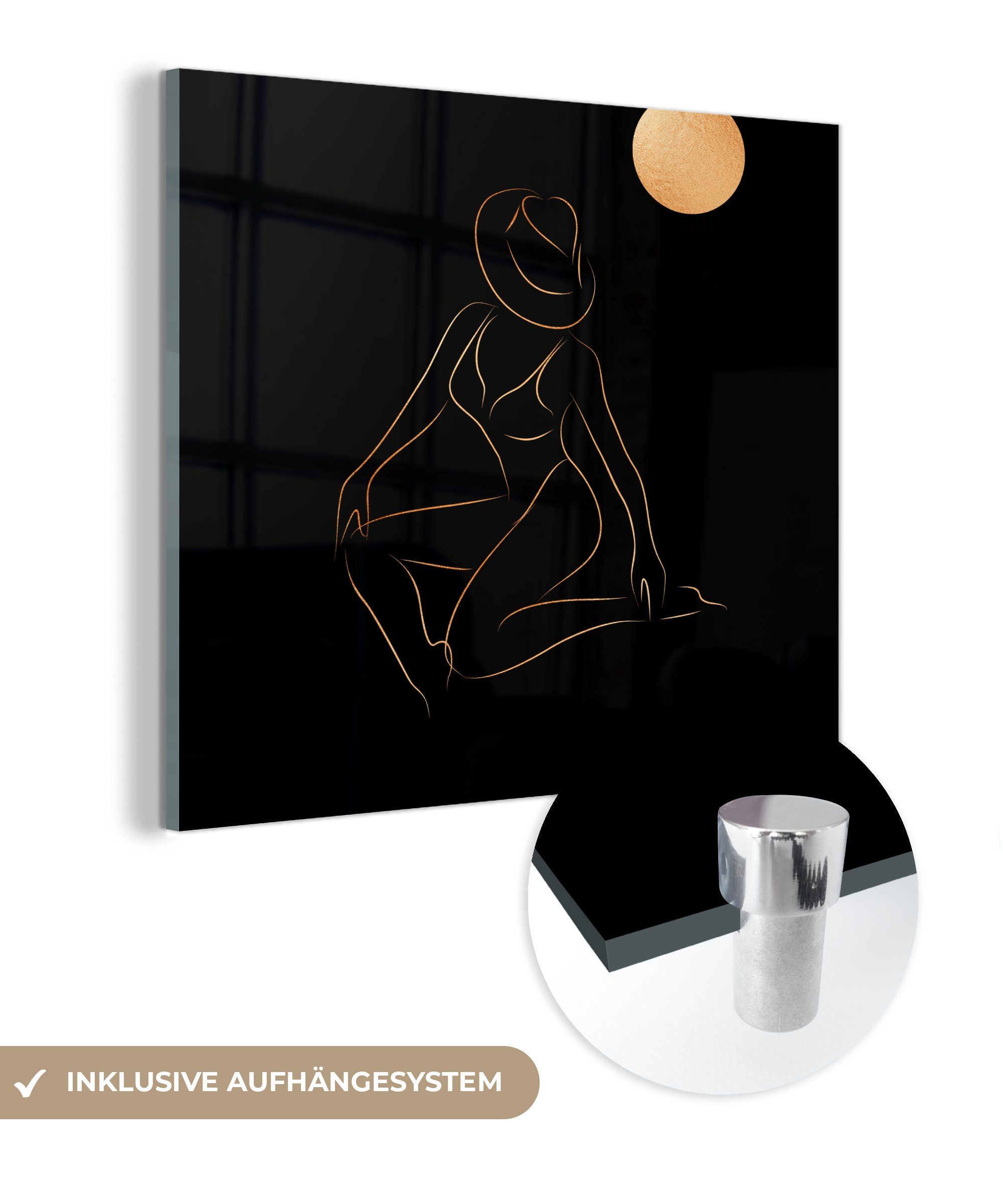 MuchoWow Acrylglasbild Frau - Hut - Mond - Strichzeichnung, (1 St), Glasbilder - Bilder auf Glas Wandbild - Foto auf Glas - Wanddekoration