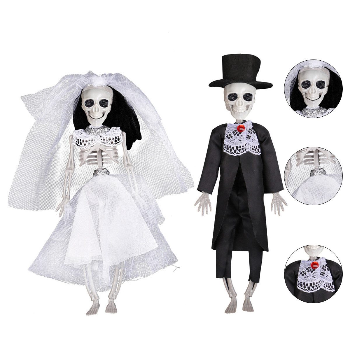 DOPWii Dekoobjekt Halloween Deko Skelett Braut & Bräutigam 30 cm, Totenkopf Ornamente (2 St), 2er Set Gruselige Hängedekoration für Gothic Halloween, Party