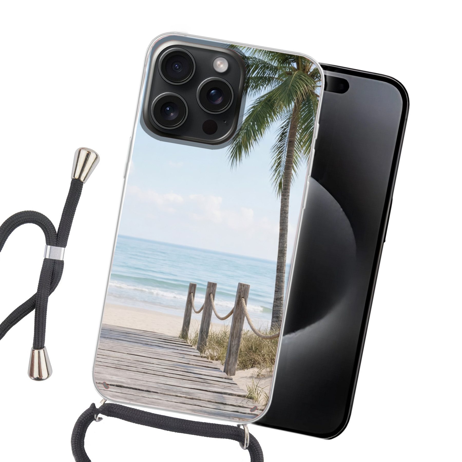 MuchoWow Handyhülle für Apple iPhone 15 Pro Max Palmen - Weg - Horizont, Tragbare Handyhüllen mit Kette zum umhängen, Handykette Handyband