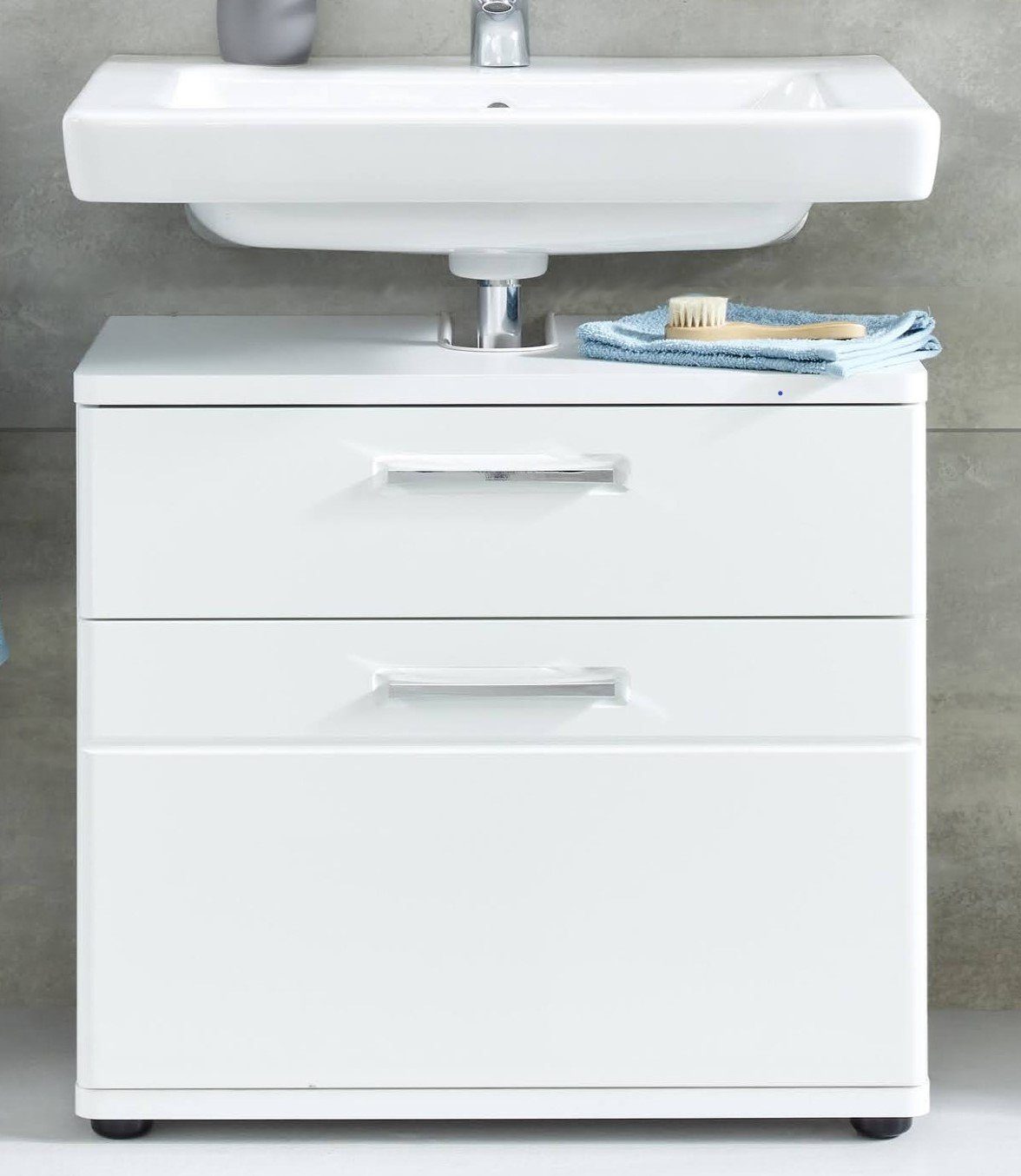Monte (Waschtisch Schublade Breite Unterschrank und mit trendteam Chrom-Griffe Klappe, 60 weiß cm) Waschbeckenunterschrank Hochglanz,