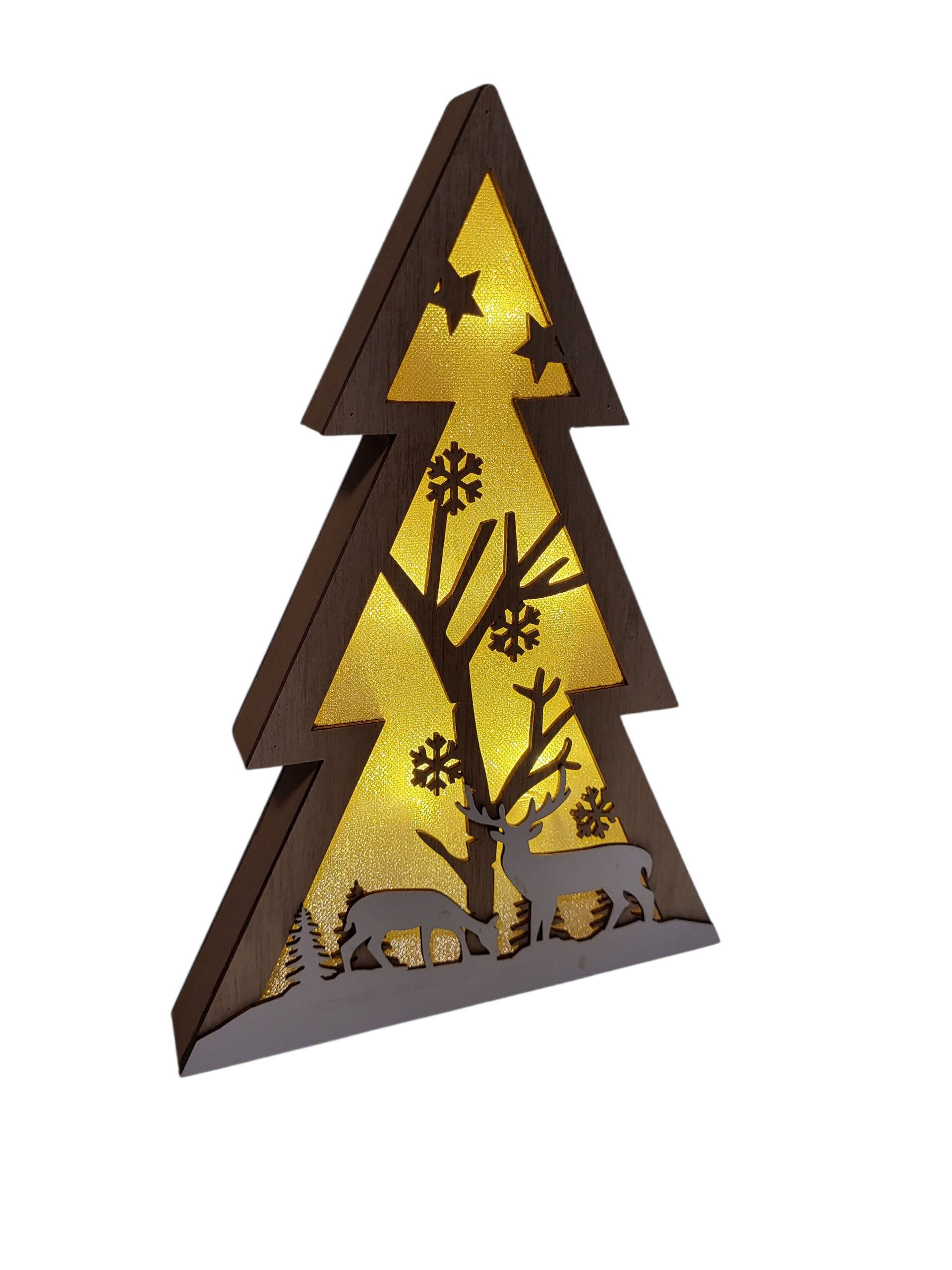 HSE24 LED-Dekofigur LED Weihnachtsbaum mit Rentier aus Holz – 30 x 21 x 3 cm