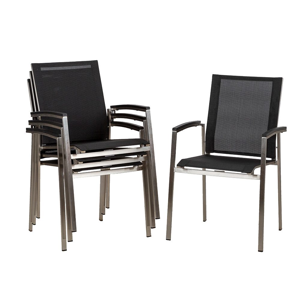 acamp Gartenstuhl AURIS 4er Set stapelbar Edelstahl moderner Stapelsessel (atmungsaktives Acatex Gewebe wetterfest inkl 4 Sessel), stapelbarer Gartensessel Edelstahl schwarz Outdoor Armlehnen
