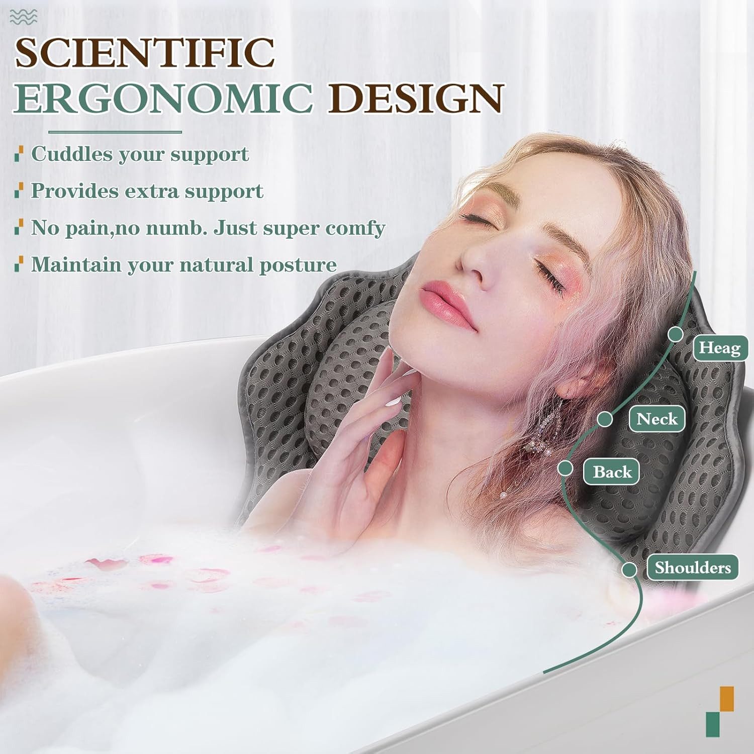 Refined Living Badewannenkissen Ergonomisches Badekissen mit 4D-Air-Mesh & 6 Saugnäpfen,Spa Badekissen, Luxus Badewannenkissen mit Aufhängehaken, 4D Air Mesh Badekissen, Kopfkissen Badewanne, Badewannenzubehör, Nackenkissen Badewanne, mit Nacken- und Rückenstütze, rutschfest und waschbar, 1-tlg., schimmelresistent,antibakteriell,atmungsaktiv, weiches, wasser, für alle Badewannen, Whirlpools und Jacuzzis, Wellness Badekissen