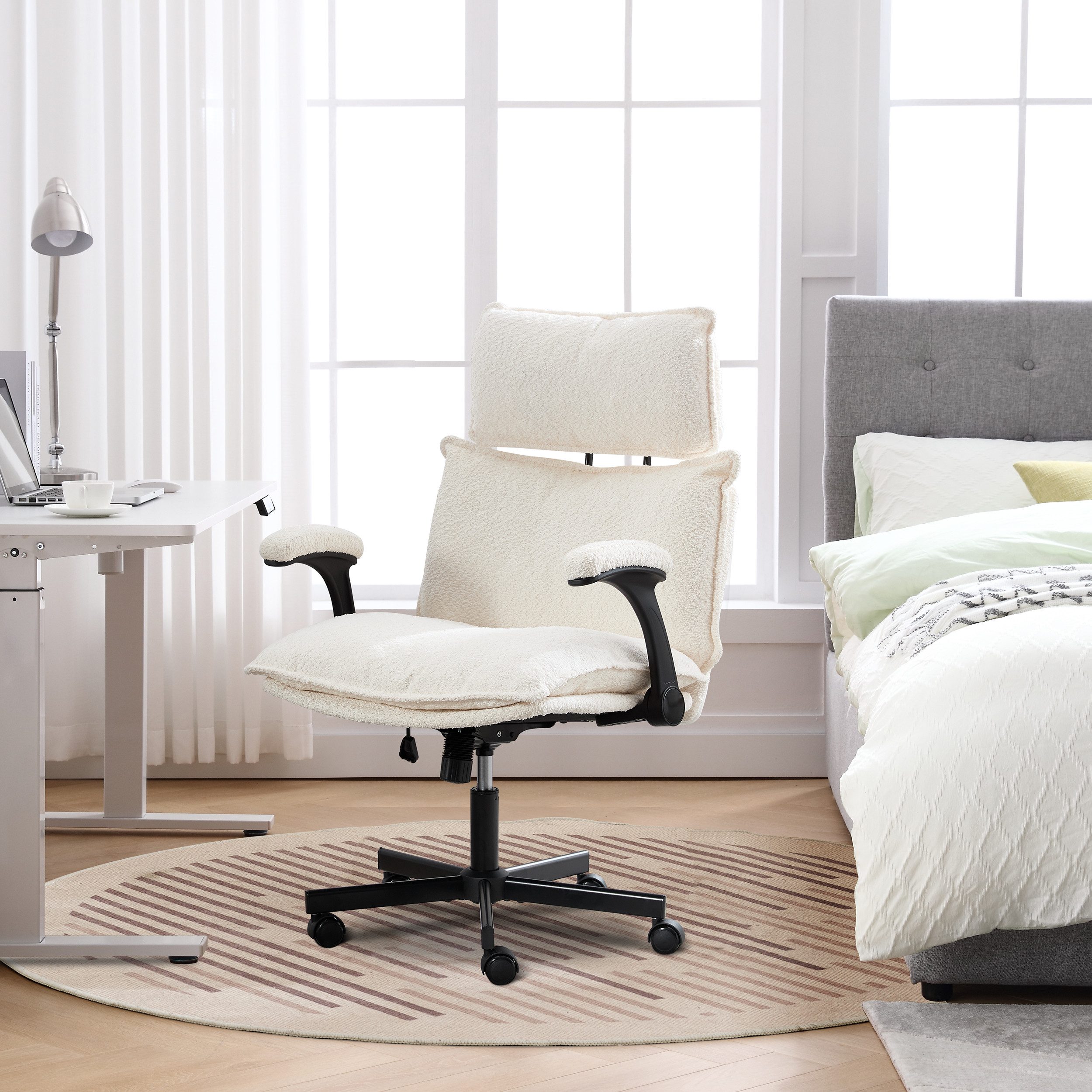 UEV Bürostuhl UEV Bürostuhl Ergonomisch Grau/Beige (Ergonomisch, Gaming-Stuhl, Drehstuhl, Schreibtischstuhl Plüsch), 360°Drehung, bis 150 kg belastbar, neigbar  – Bild 3 von 5