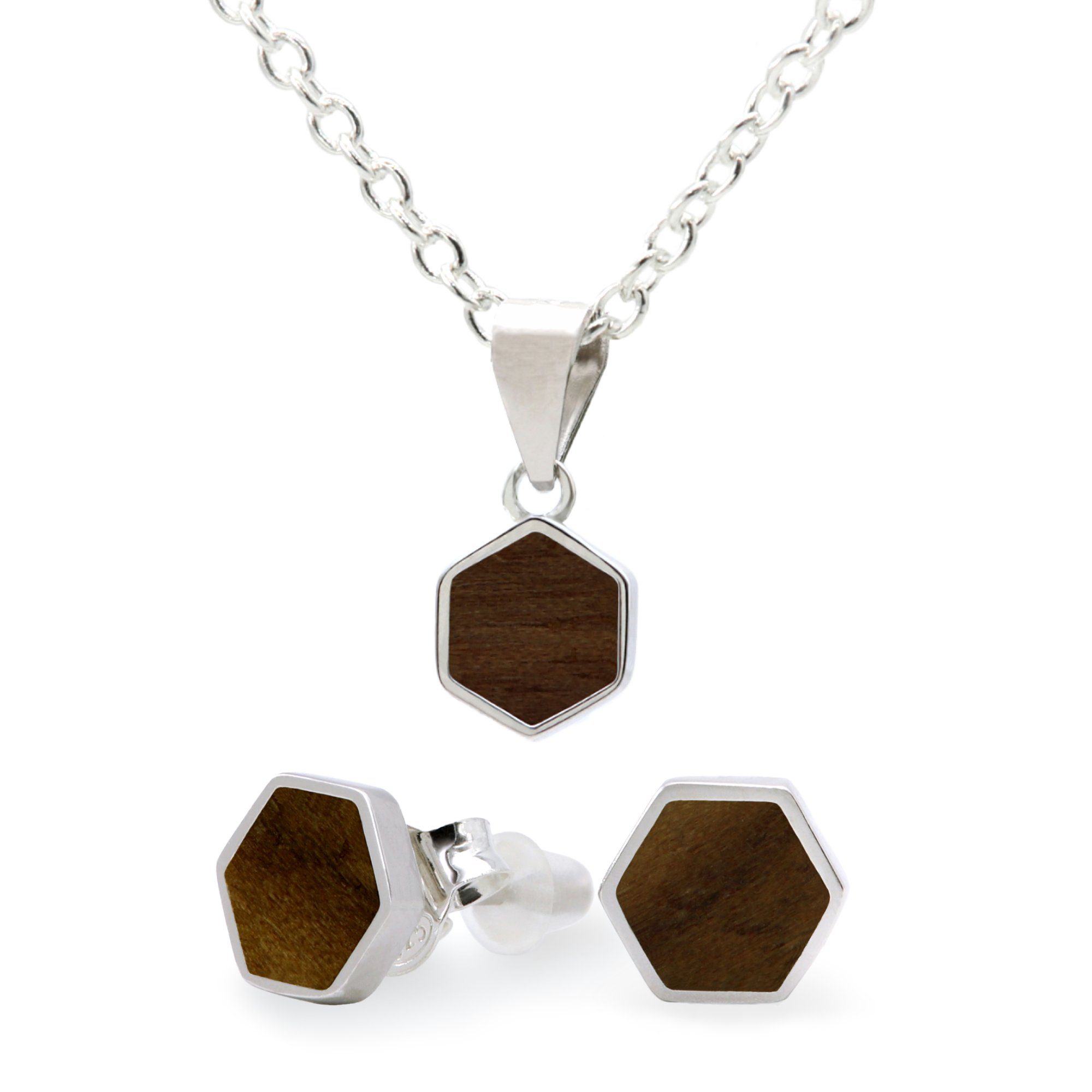 NaturSchatulle Ohrring und Ketten Set Hexagon Light (Holzschmuck Holzohrringe & Kettenanhänger aus Holz), ⌀6mm, 925 Silber, Handmade in Germany, Nachhaltig & Natürlich