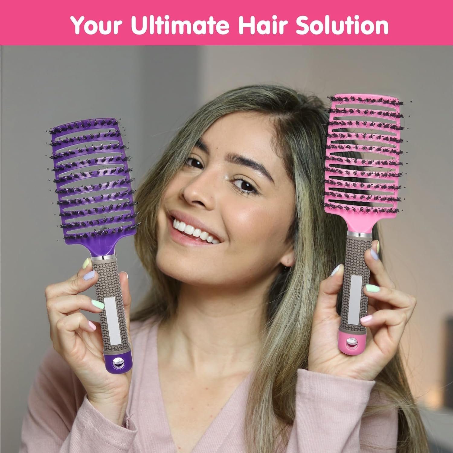 XDeer Haarbürsten-Set 2x Haarbürste ohne Rosa+lila Wildschweinborsten, Klammer belüftete und mit 4 mit Entwirrbürste gebogene Haar Ziepen Haarbürste