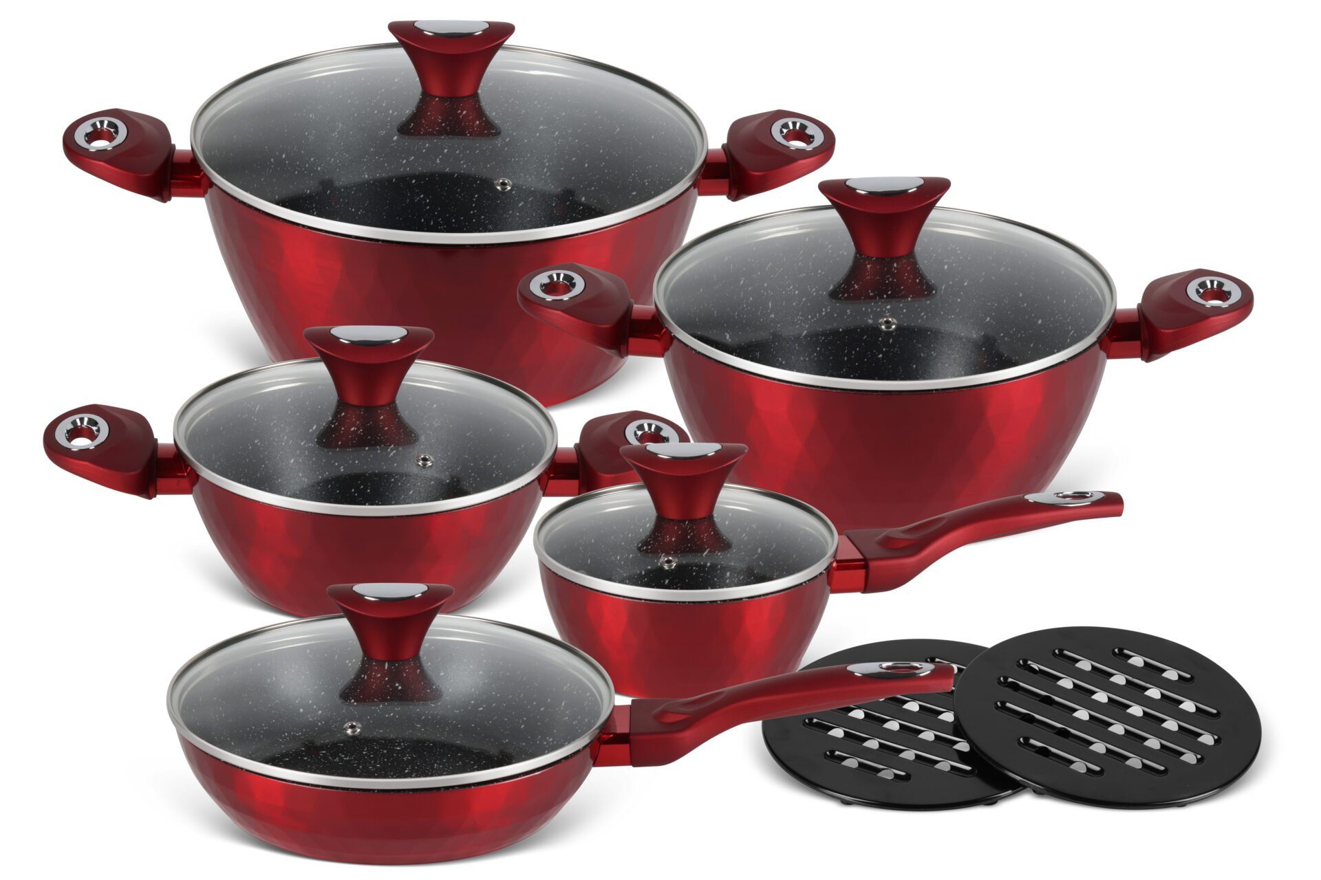 Edenberg Topf-Set Rote Töpfe mit schönem Design Kasserolle, Pfanne, Glasdeckel, Keramik, Aluminiumguss, Keramik, Edelstahl (3x Topf mit Glasdeckel, 1x Kasserolle mit Glasdeckel, 1x Pfanne mit Glasdeckel, 2x Untersetzer, 12-tlg., Zeitloses Design des Topfsets. Eine ideale Geschenkidee)