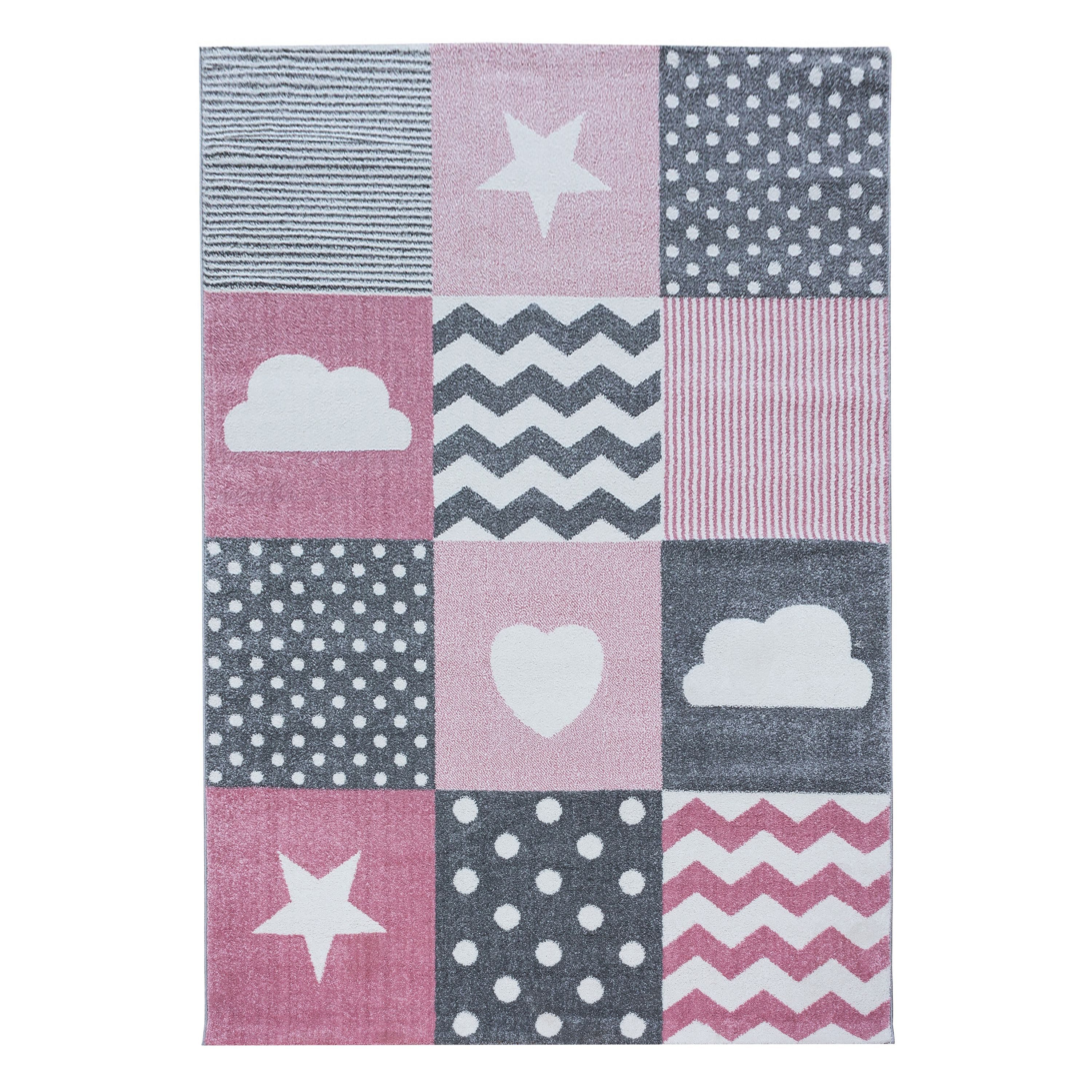 Teppium Teppich Herz- und Stern Design, Rund, Höhe: 11 mm, Kinderteppich Karo Design Rosa Baby Teppich Kinderzimmer Pflegeleicht