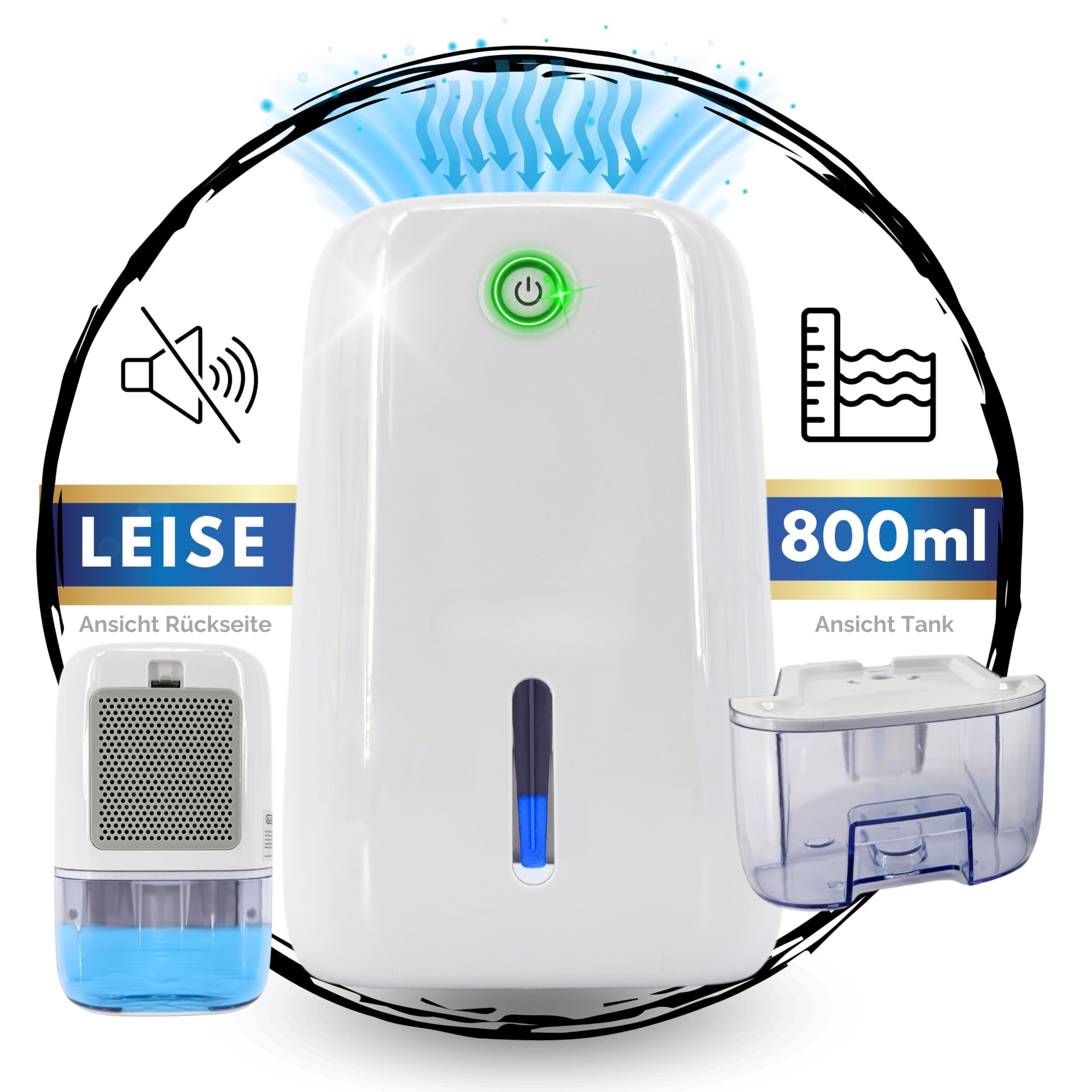 TronicXL Luftentfeuchter Luftentfeuchter elektrisch klein leise 800ml Kleiner Raumentfeuchter, Tank 0.8 l, für zu Hause Keller Schimmel vermeiden Bad von TronicXL