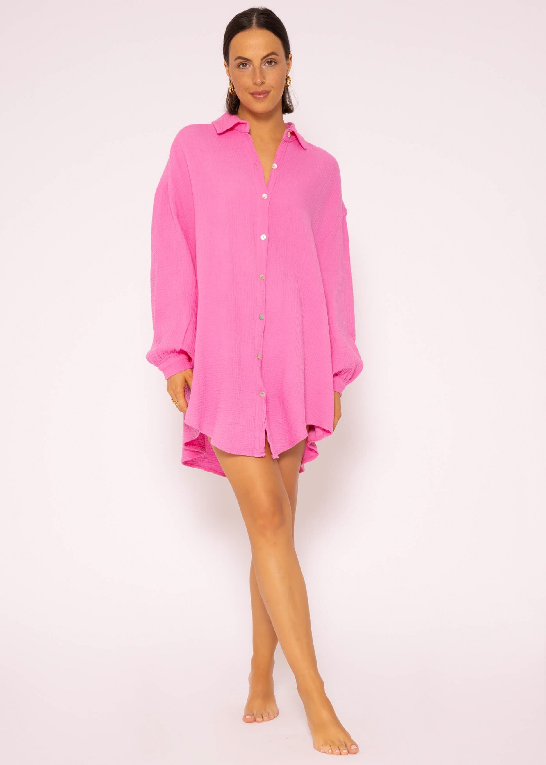 SASSYCLASSY Longbluse lang (Gr. Hemdbluse Damen Size aus Bluse Pink Baumwolle 36-48) Langarm One Oversize mit V-Ausschnitt, Musselin